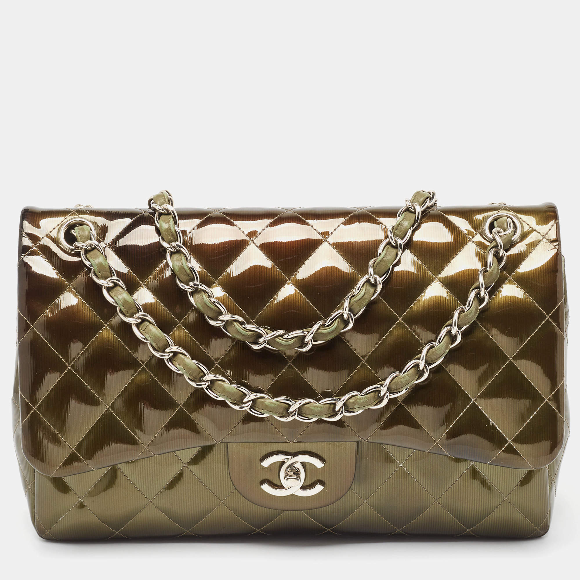Pre Owned Chanel Green Quilted Patent Leather Jumbo Classic Double Flap Bag