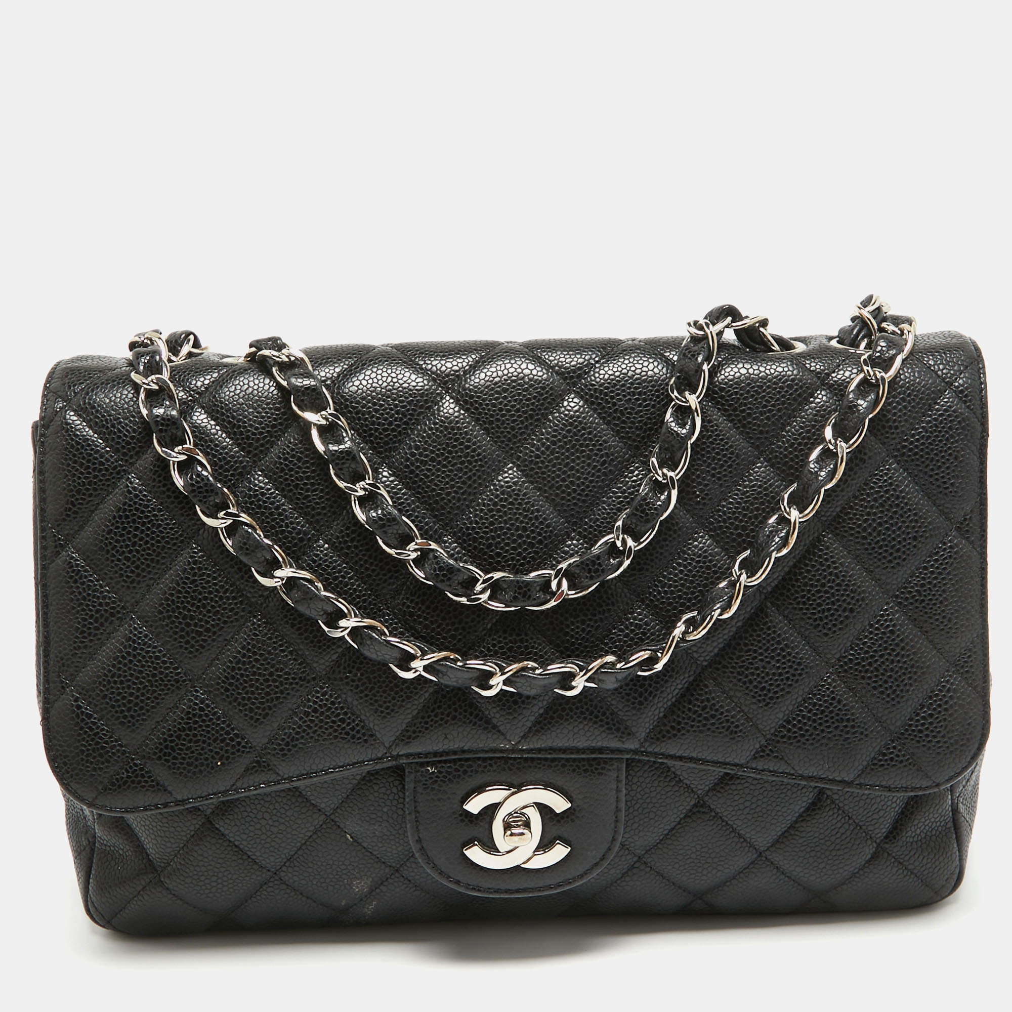 مملوكة مسبقًا Chanel Black Quilted Caviar Leather Jumbo Classic Single Flap Bag