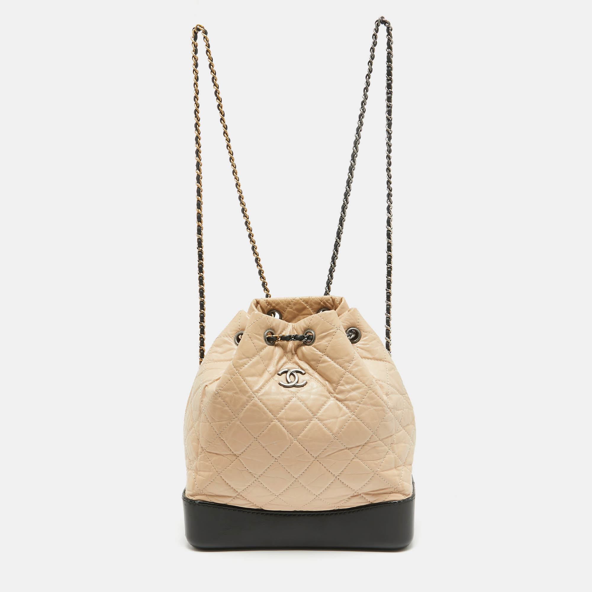 Pre Owned Chanel Black/Peach Quilted Aged Leather Small Gabrielle Backpack