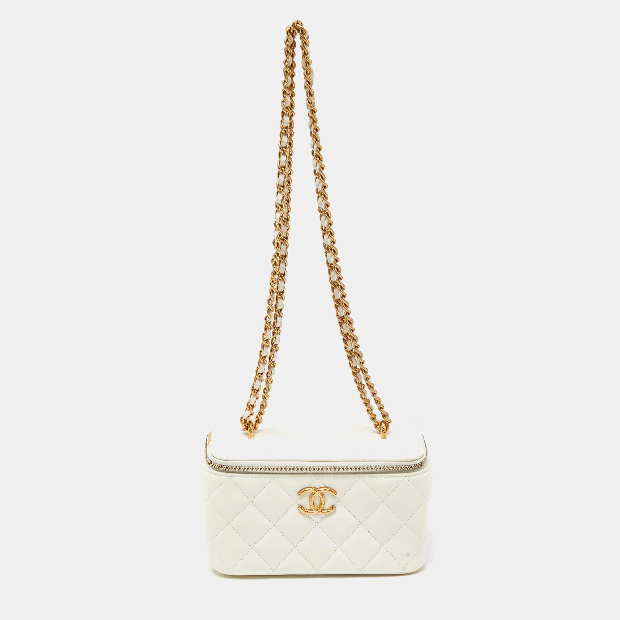 Pre Owned Chanel Off White Quilted Leather Vanity Case Chain Bag