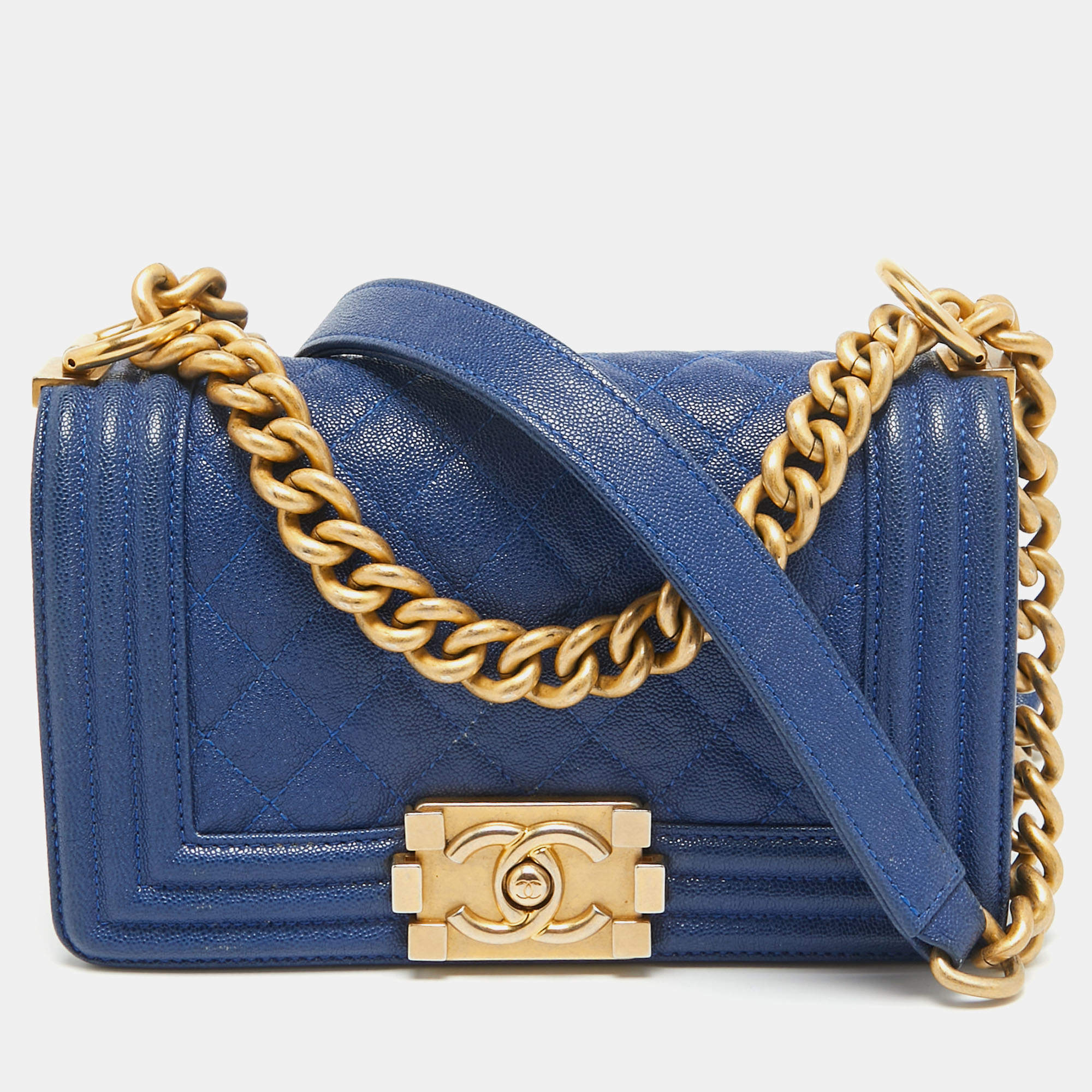Pre Owned Chanel Navy Blue Leather Mini Boy Bag