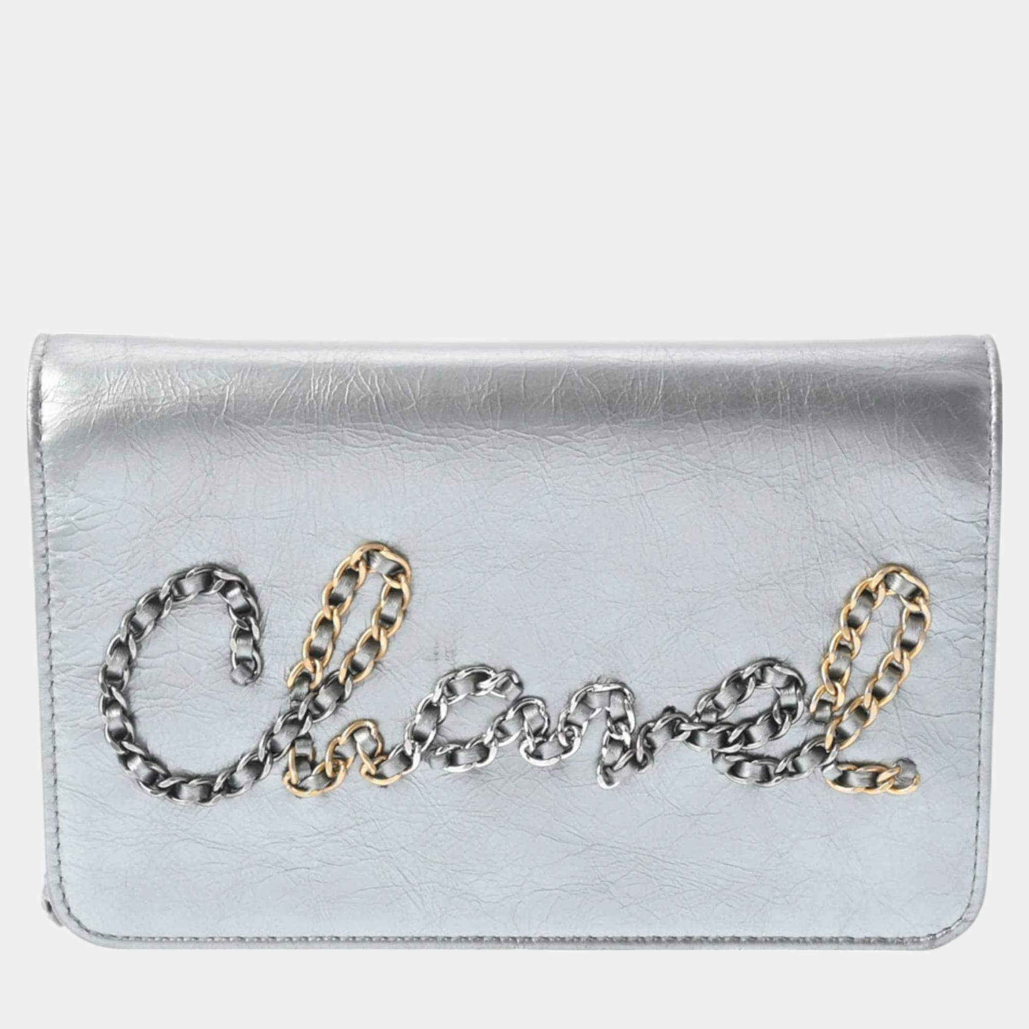 Chanel Silver Leather Written In Chain Wallet On Chain