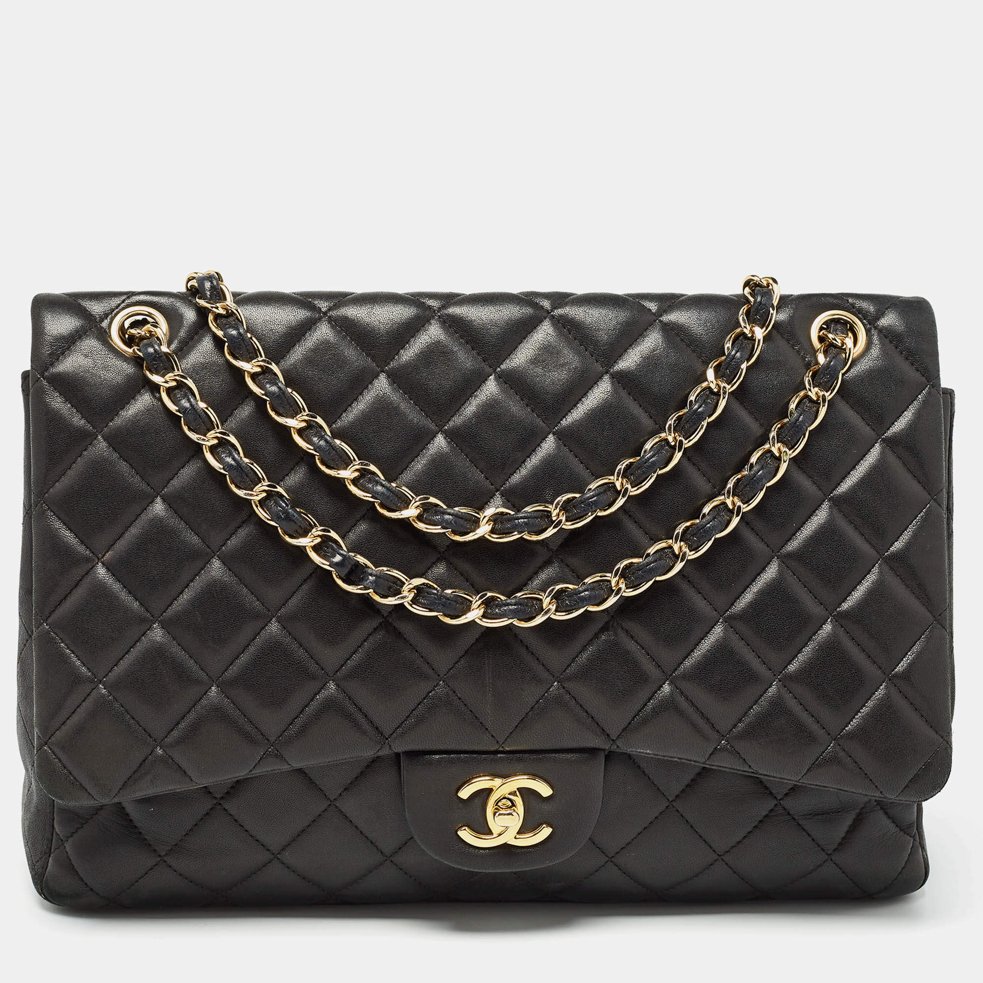 Pre Owned Chanel Black Quilted Lambskin Leather Maxi Classic Single Flap Bag
