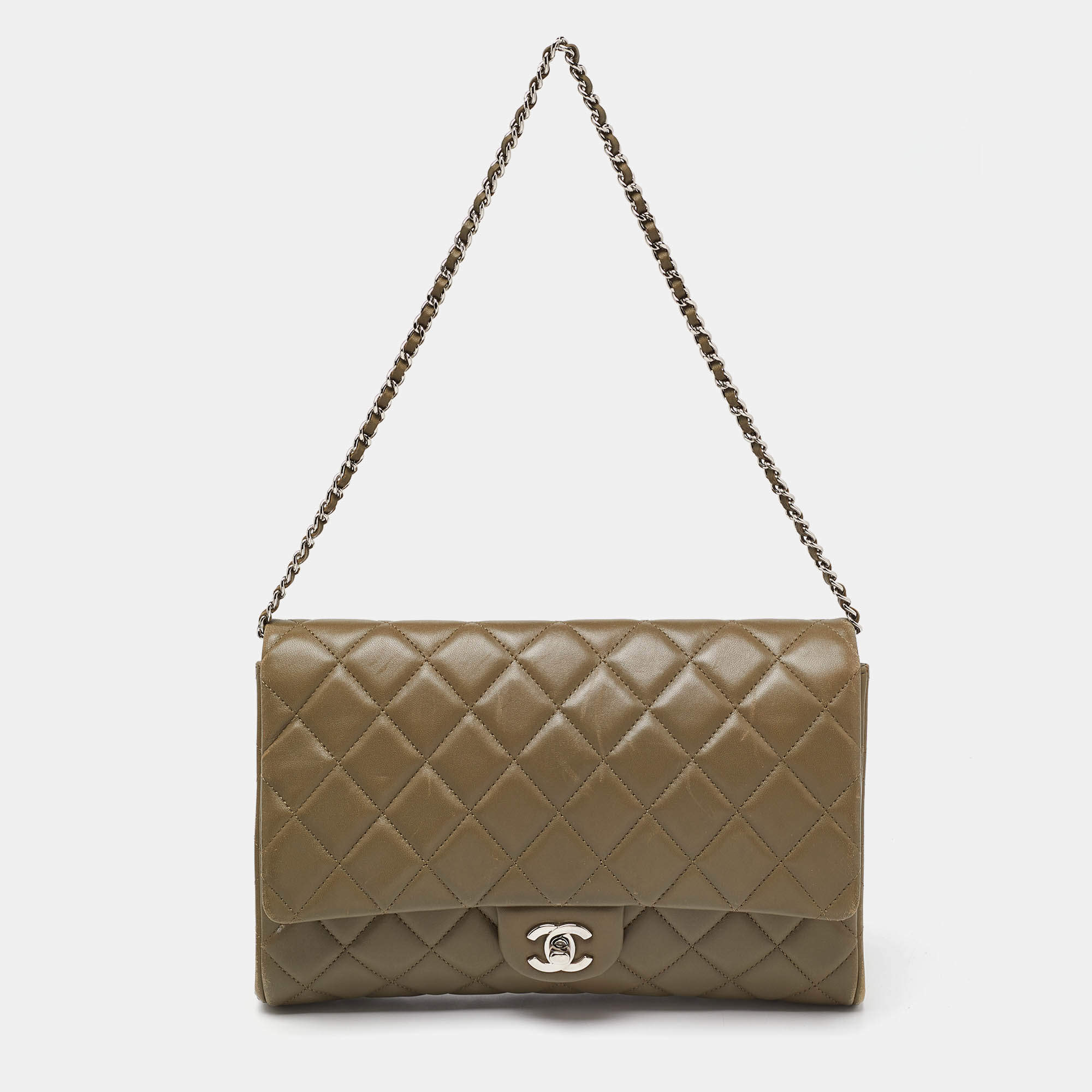 Pre Owned Chanel Olive Green Quilted Leather Chain Flap Bag