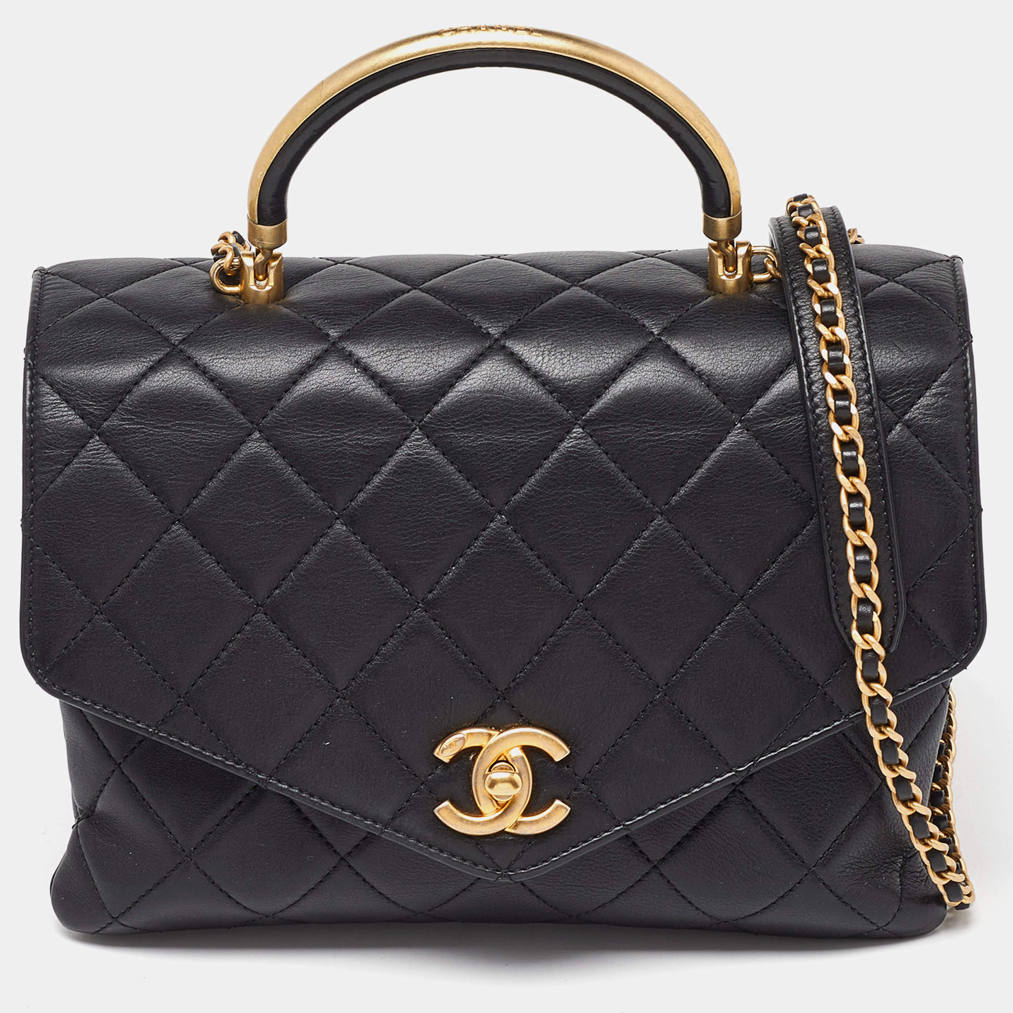 Pre Owned Chanel Black Quilted Leather Flap Gold Top Handle Bag