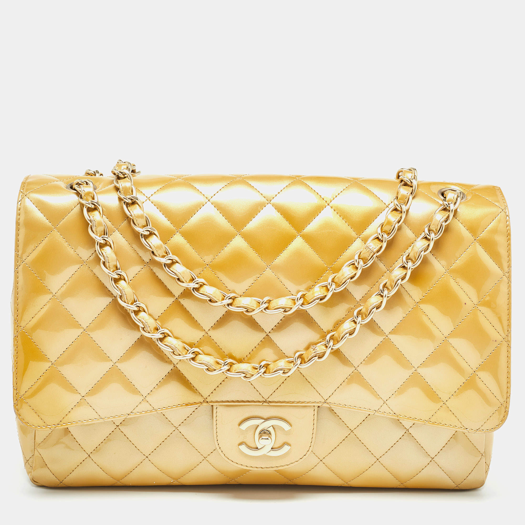 Pre Owned Chanel Gold Quilted Patent Leather Maxi Classic Single Flap Bag