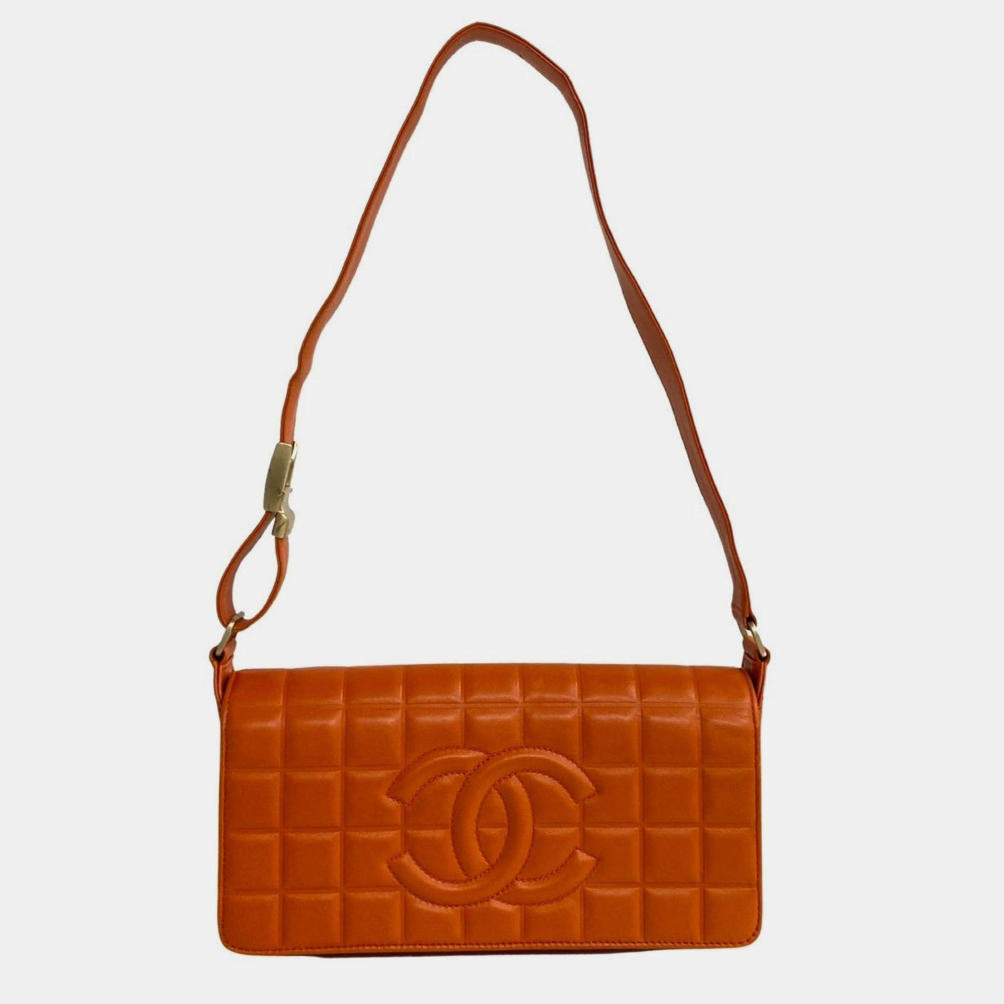 Chanel Orange Leather Chocolate Bar Shoulder Bag