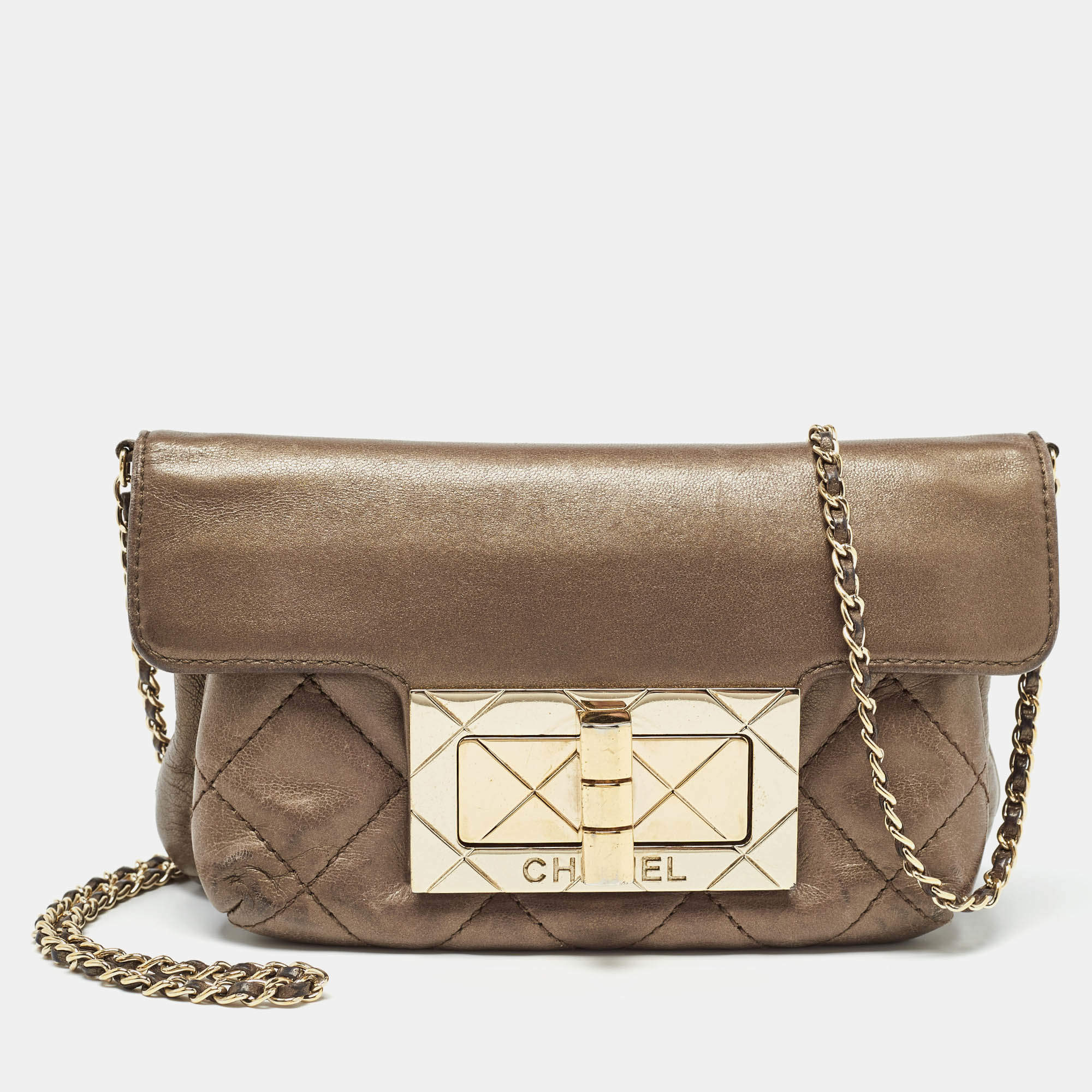 Chanel Olive Green Quilted Leather Reissue Lock Chain Clutch