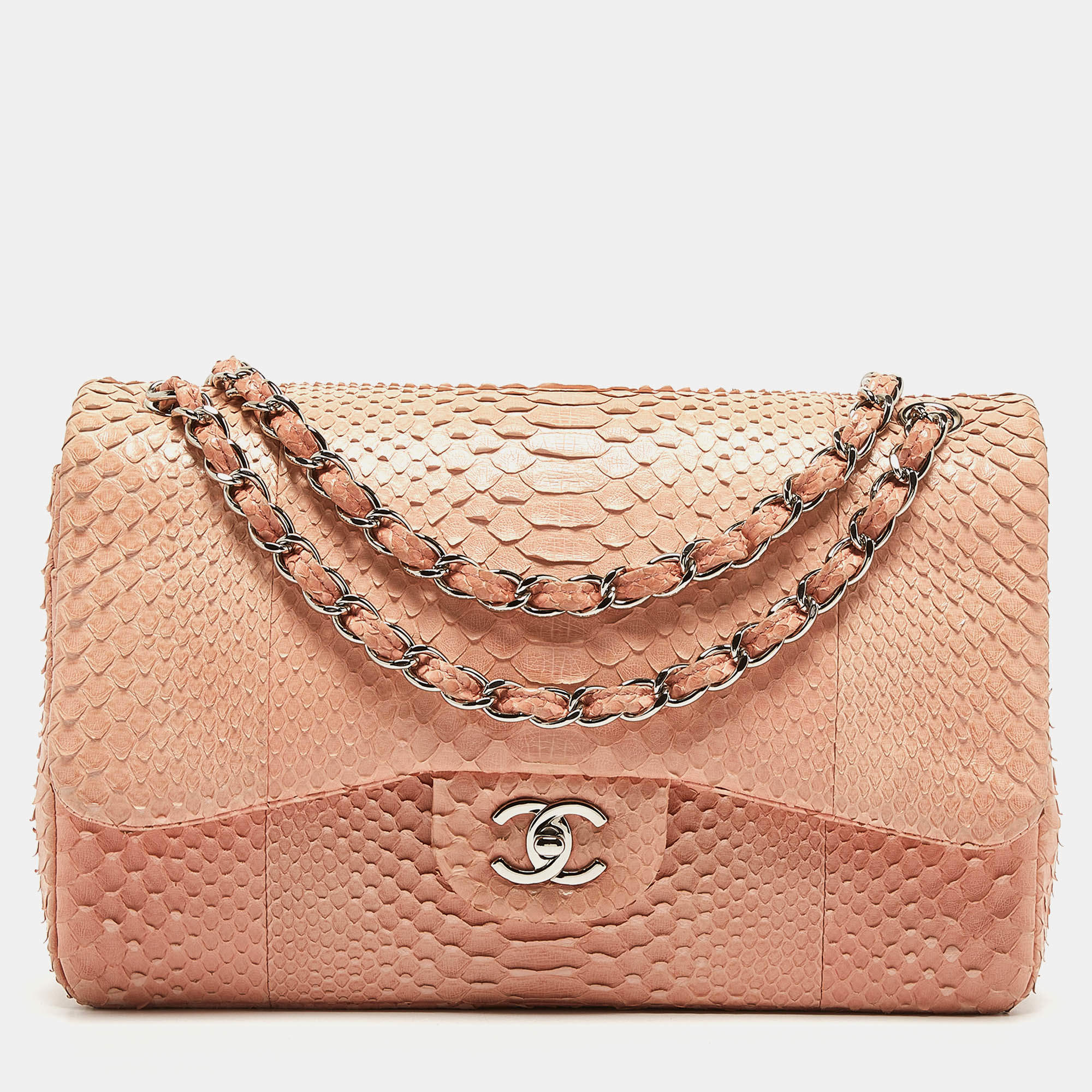 Pre Owned Chanel Peach Python Jumbo Classic Double Flap Bag