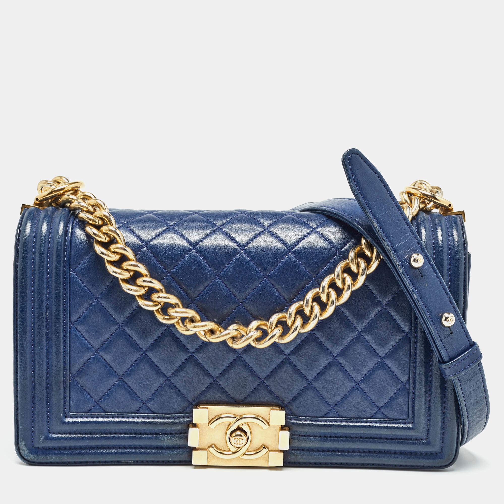 Chanel boy navy blue gold chain online