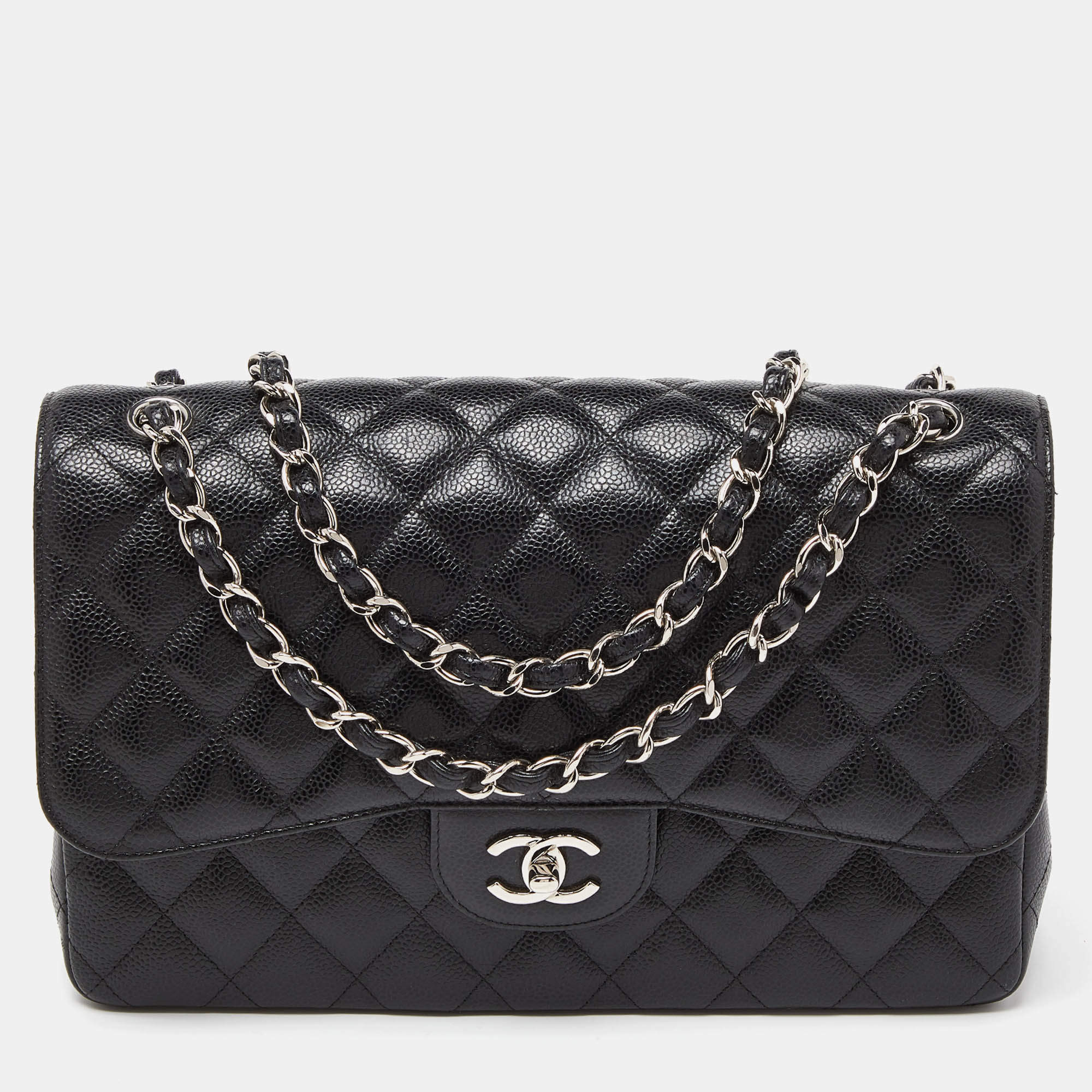 Pre Owned Chanel Black Caviar Quilted Leather Jumbo Classic Double Flap Bag