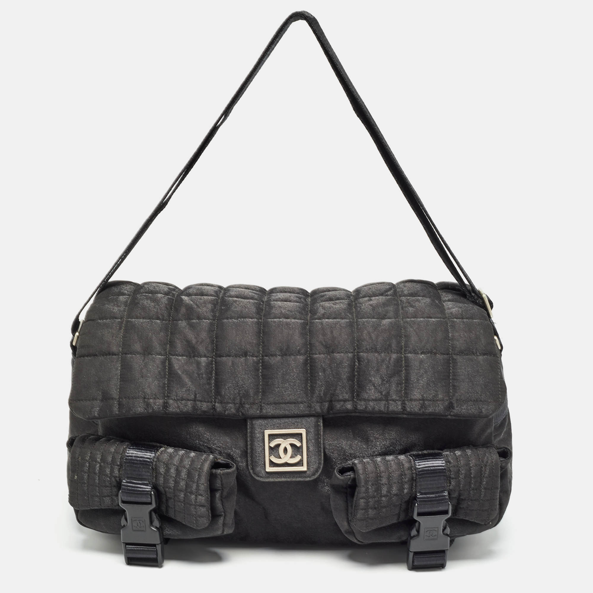 Pre Owned Chanel Black Cube Quilted Nylon Sports Ligne Messenger Bag