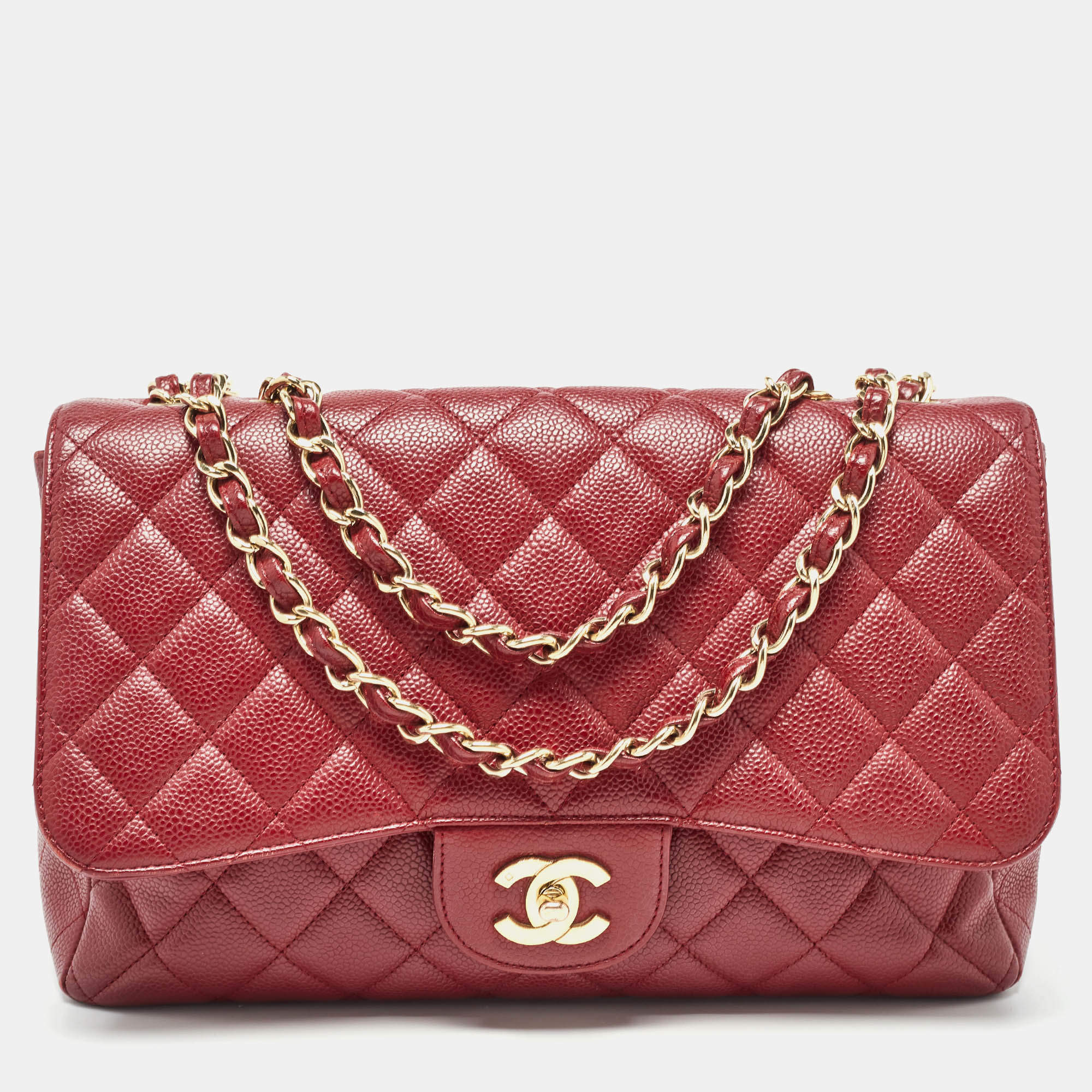 Pre Owned Chanel Red Quilted Caviar Leather Jumbo Classic Single Flap Bag