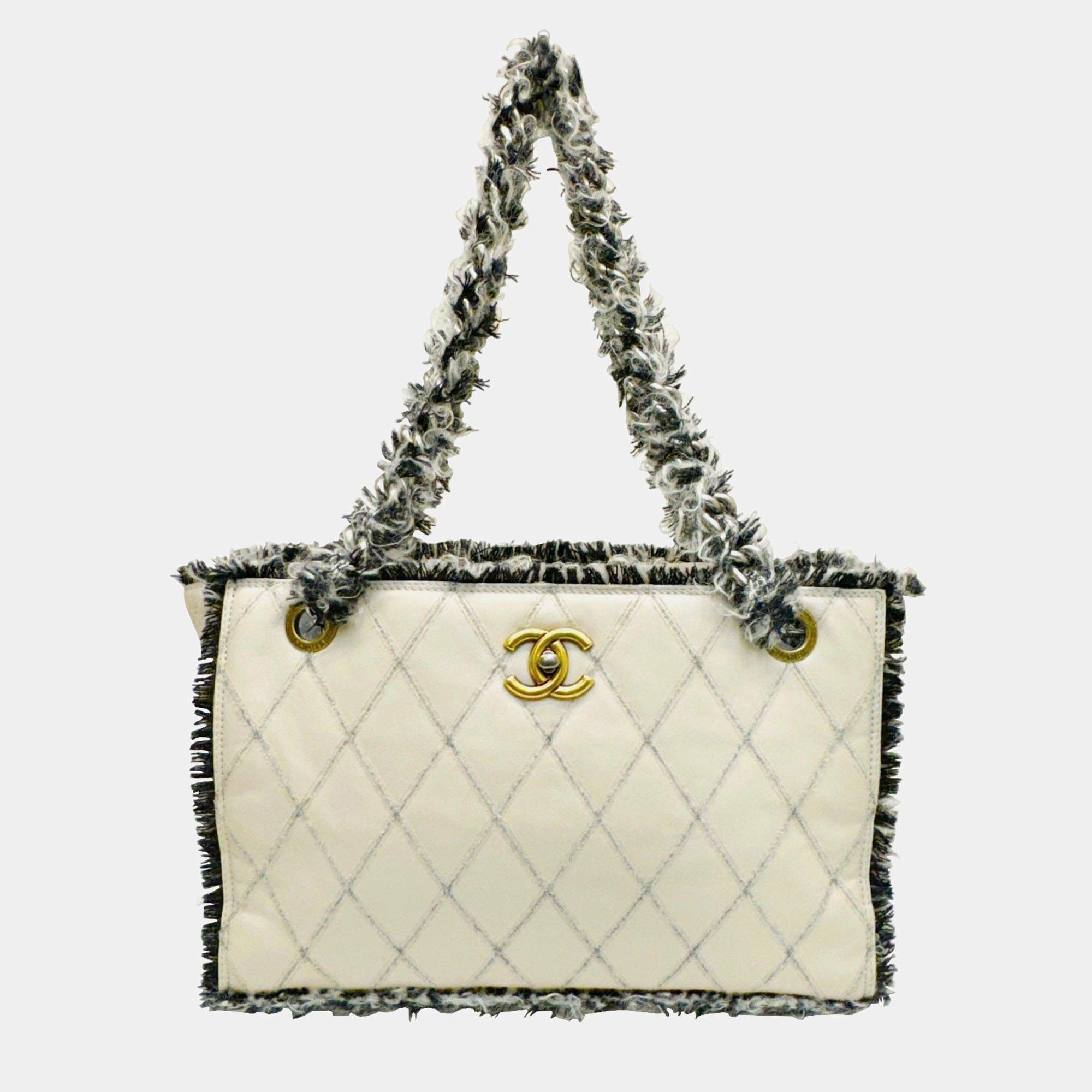 Chanel Beige/Black Tweed and Leather Tweedy Tote Bag