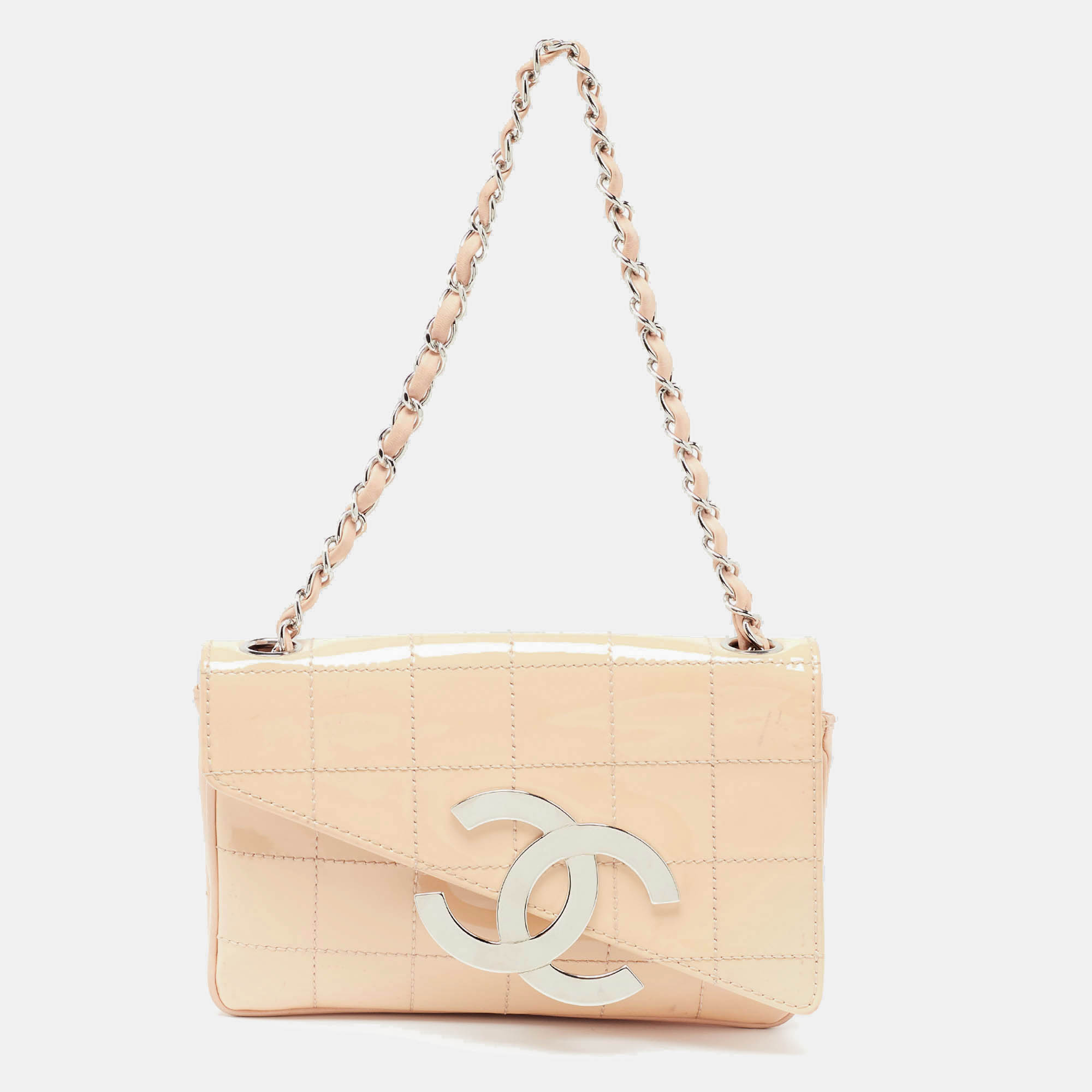 Pre Owned Chanel Peach Square Quilt Patent Leather Diagonal CC Flap Bag