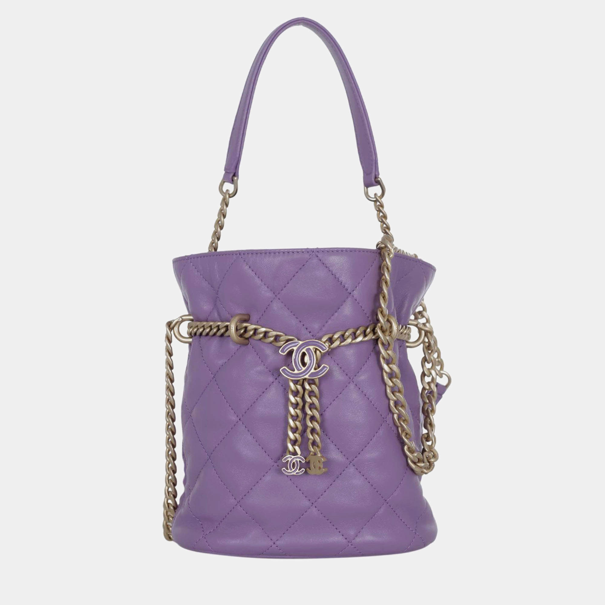 Chanel Purple Leather CC Chain Drawstring Bucket Bag