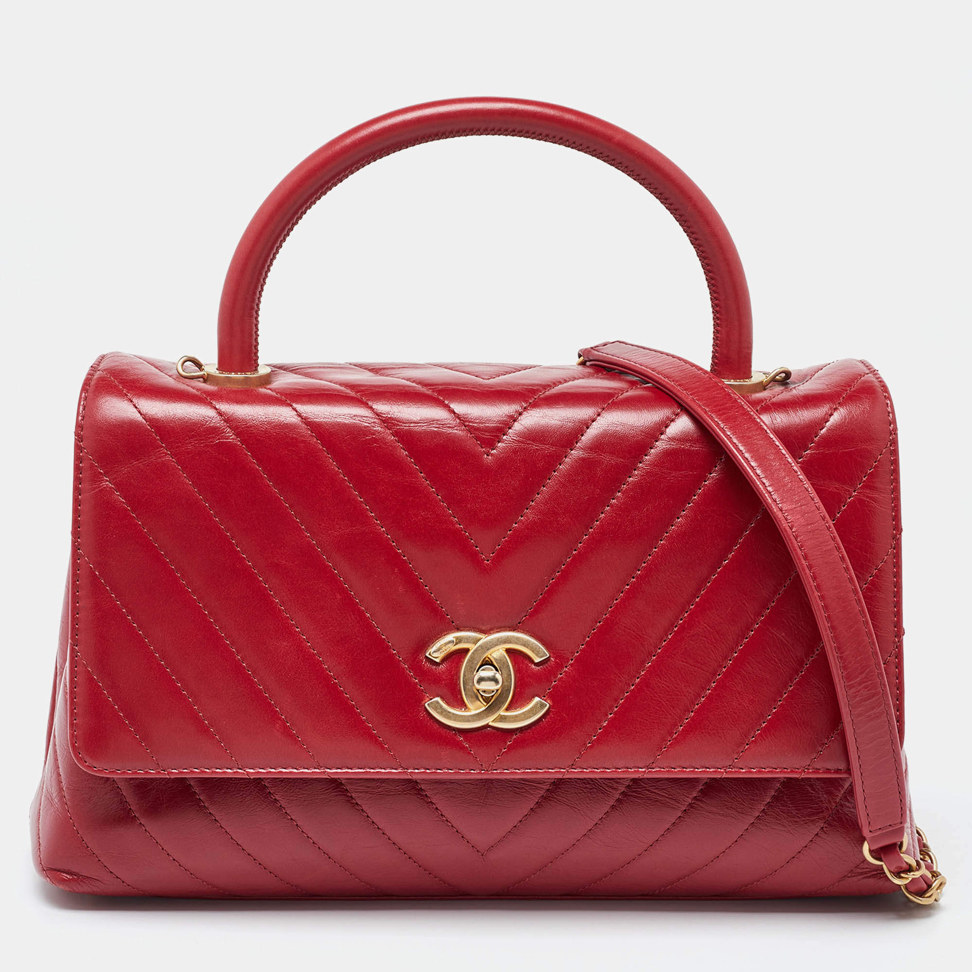 Pre Owned Chanel Red Chevron Quilted Leather Small Coco Top Handle Bag