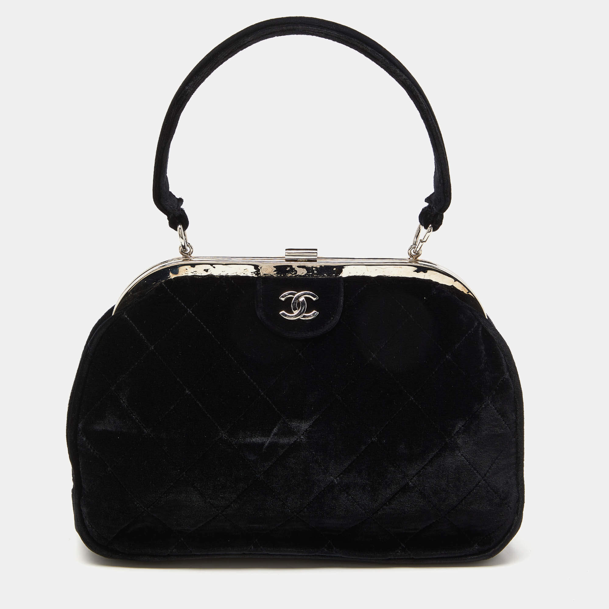 Pre Owned Chanel Black Quilted Velvet CC Frame Top Handle Bag