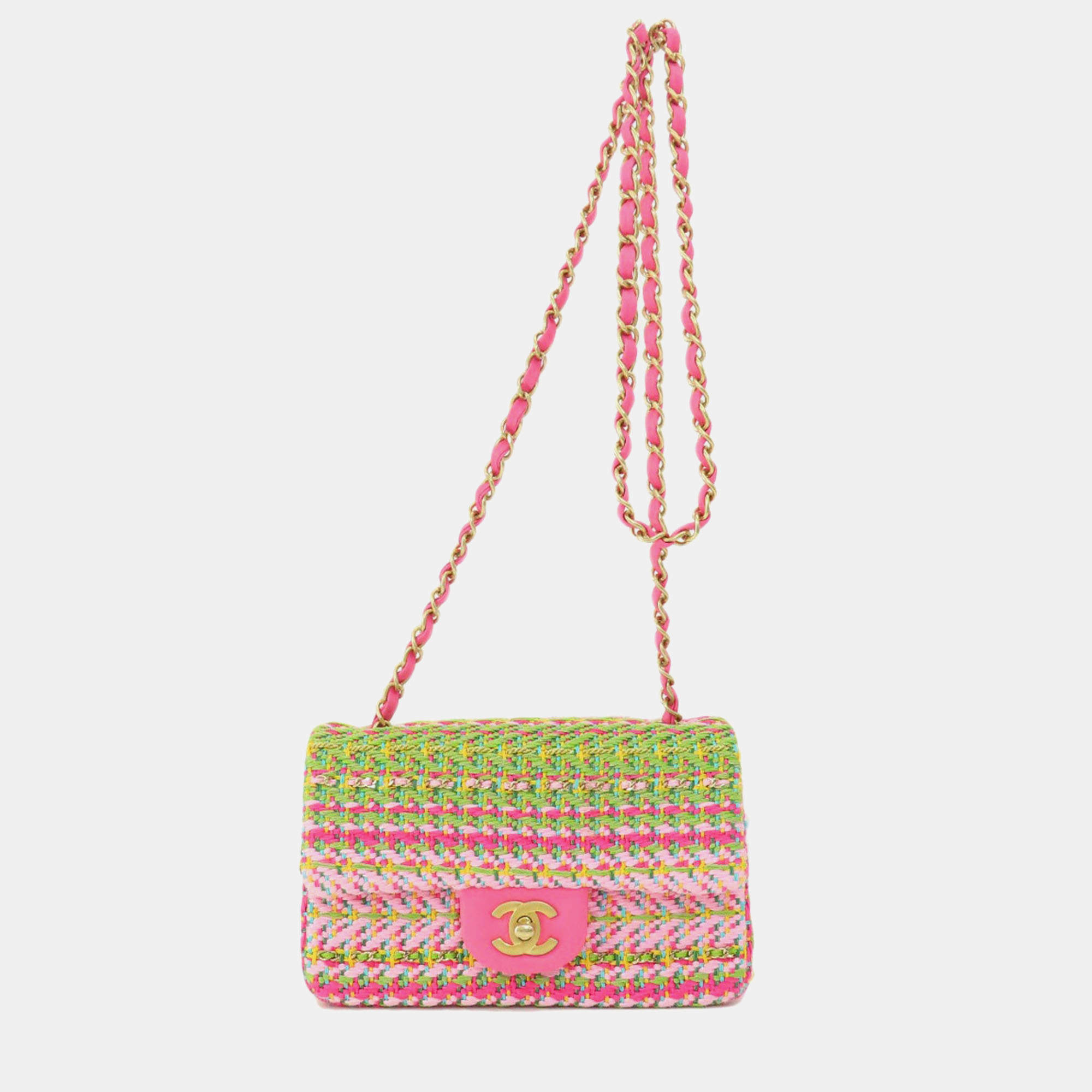 Chanel Pink/Green Cotton Mixed Fibers Woven Mini Rectangular Flap Bag