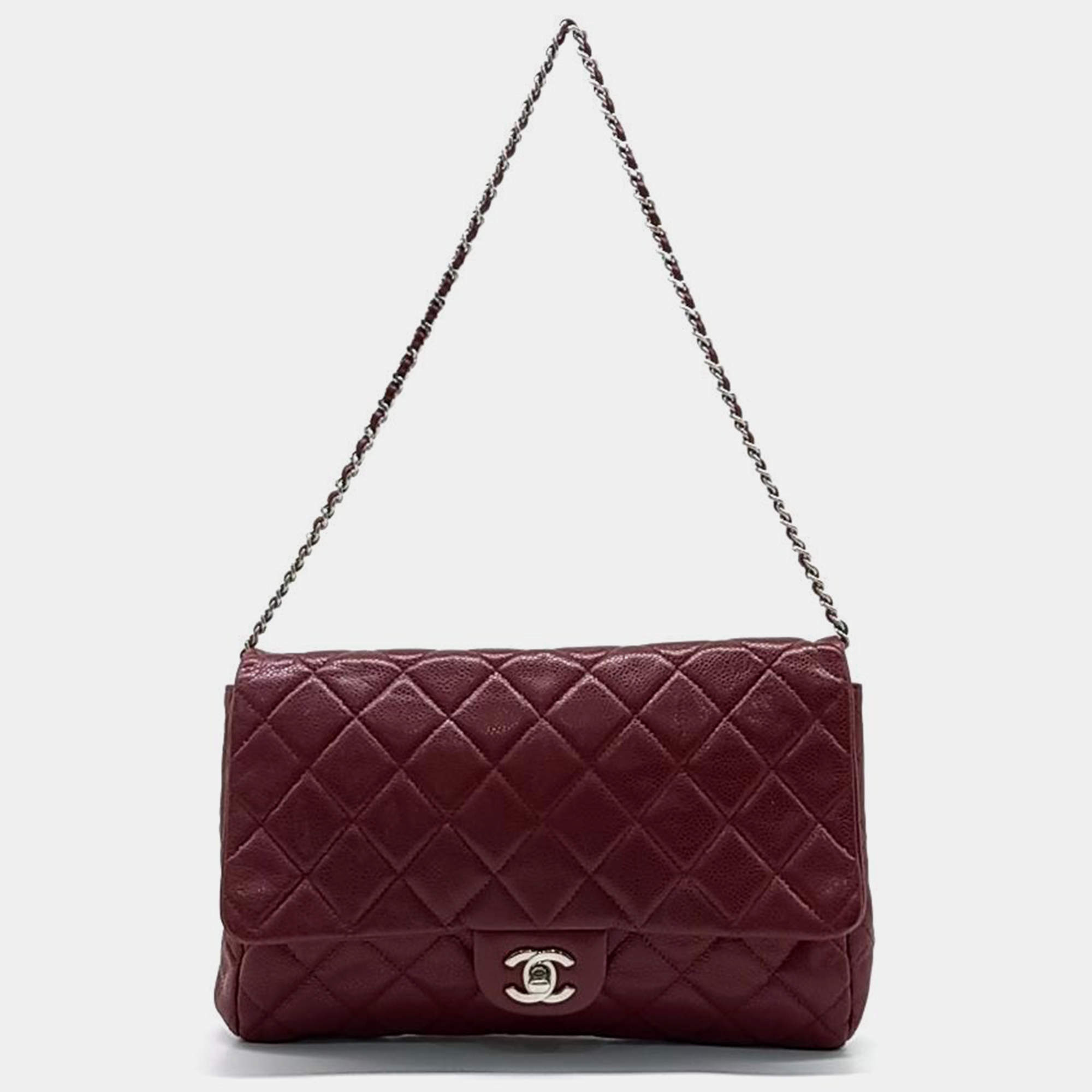 Pre Owned Chanel Burgundy Caviar Leather Clutch Shoulder Bag
