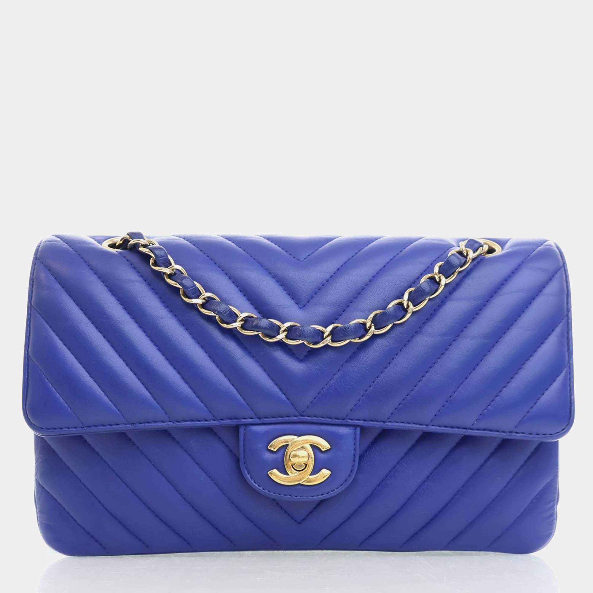 Chanel Blue Leather Chevron Medium Classic Double Flap Shoulder Bags