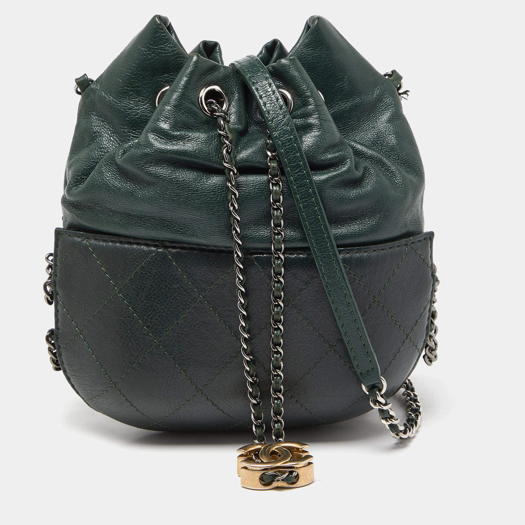 Pre Owned Chanel Green Quilted Leather Small Gabrielle Bucket Bag