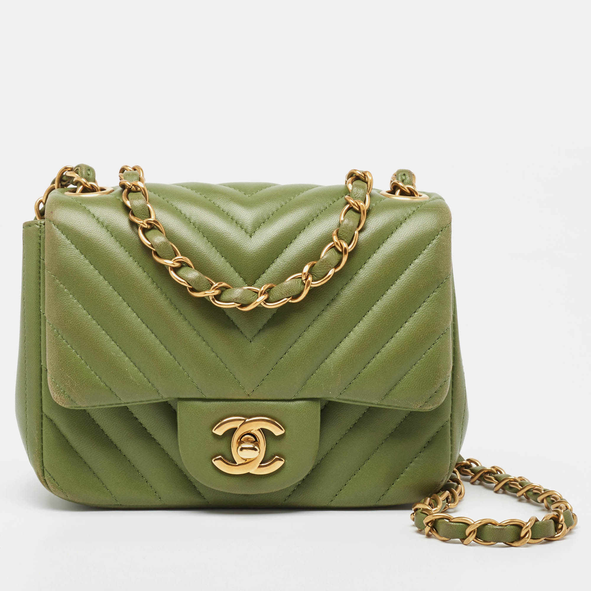 Chanel Olive Green Chevron Leather Mini Classic Flap Bag