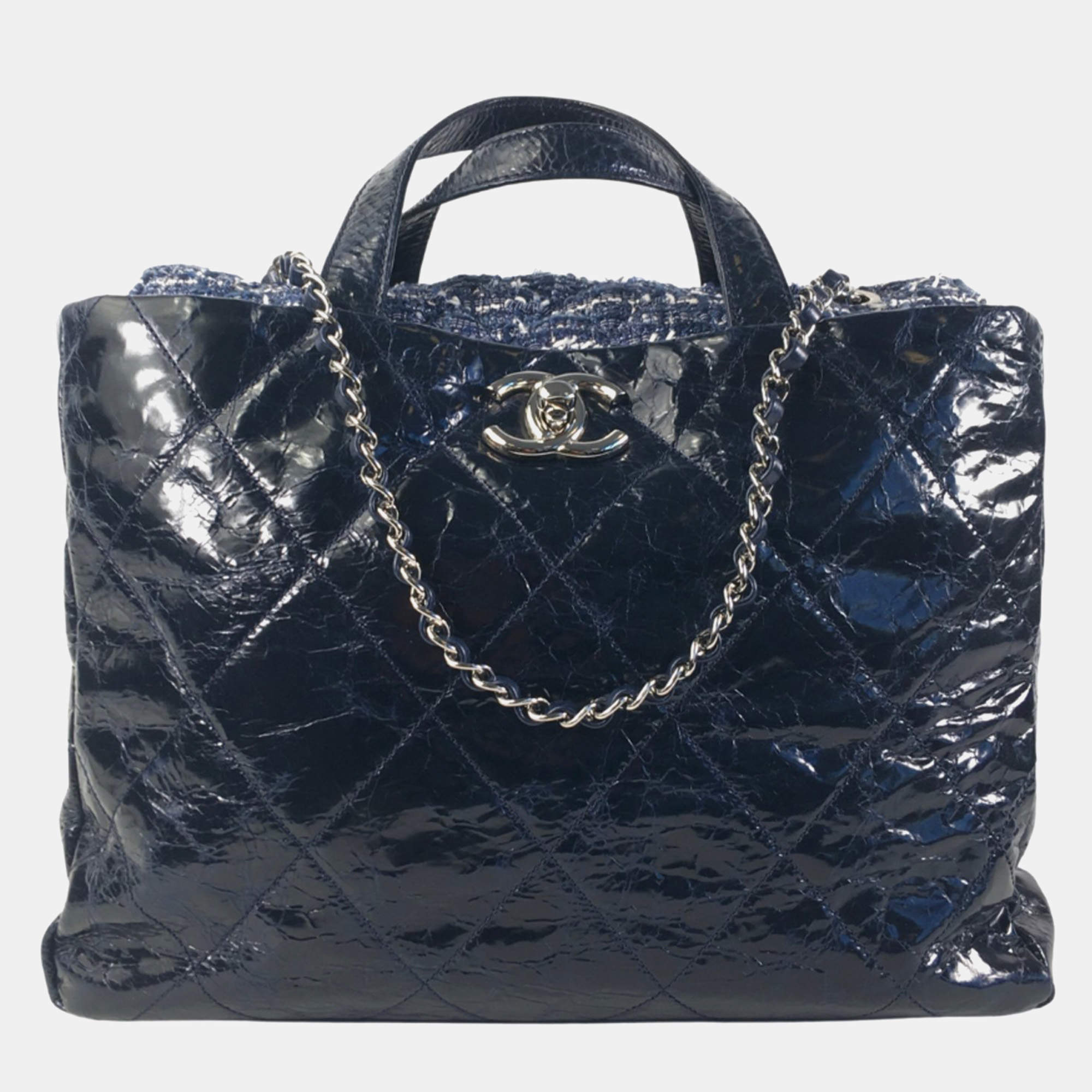 Chanel Blue Quilted Glazed Calfskin and Tweed Portobello Top Handle Bags