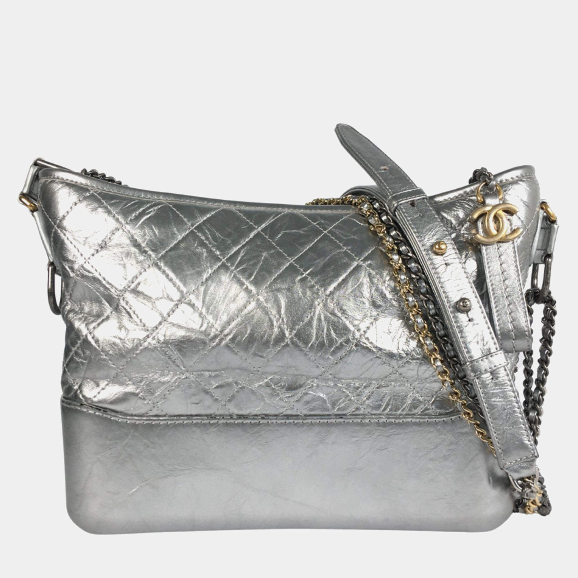 Chanel Silver Leather Medium Gabrielle Shoulder Bags