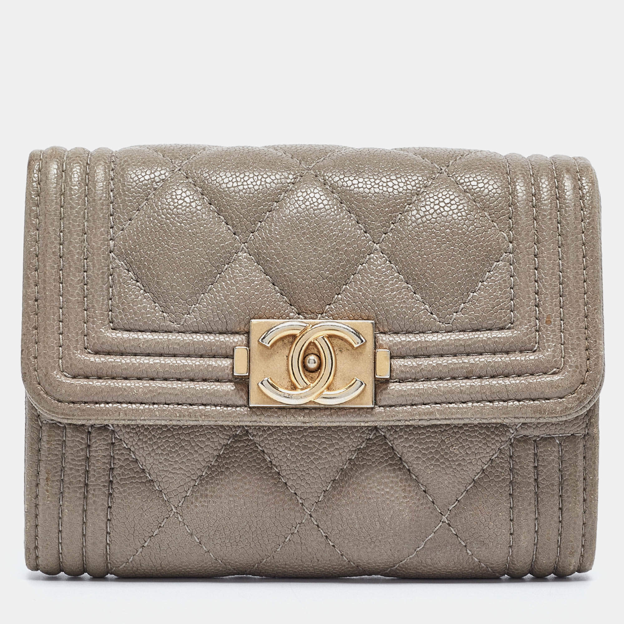 Chanel Grey Quilted Caviar Leather Boy Wallet