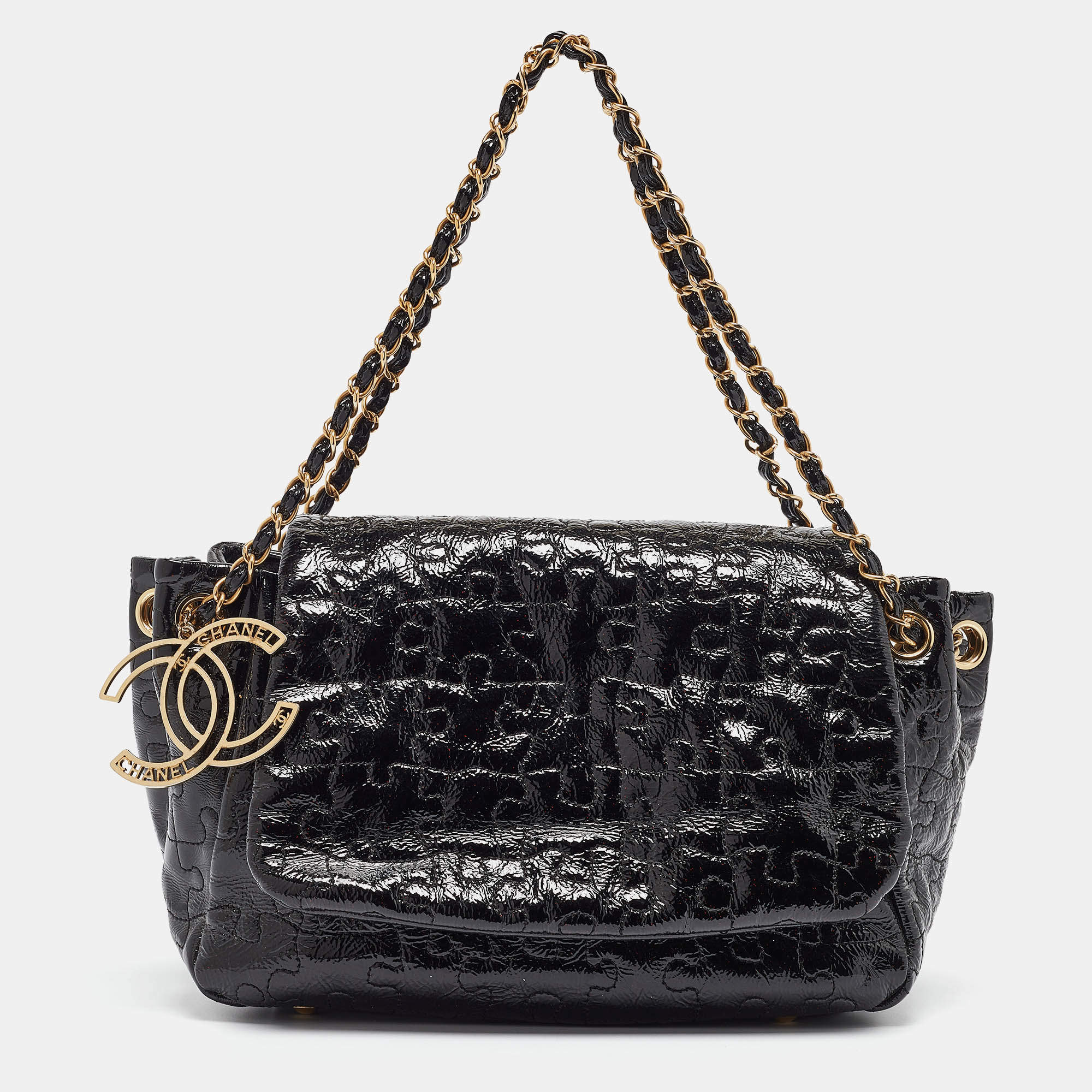 Pre Owned Chanel Black Patent Leather Puzzle Accordion Flap Bag
