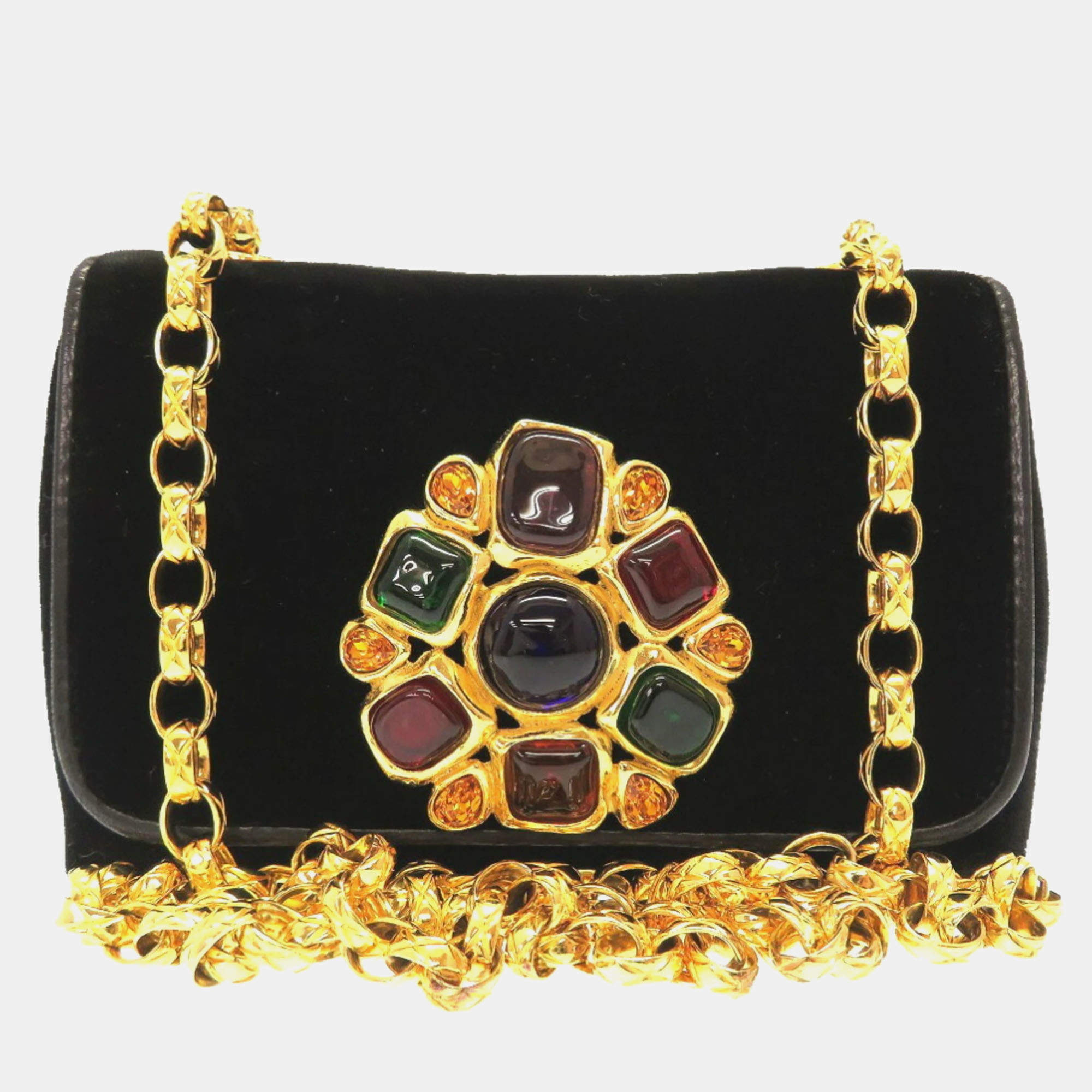 Chanel Black Suede Multicolor Stone Gold Chain Shoulder Bag 