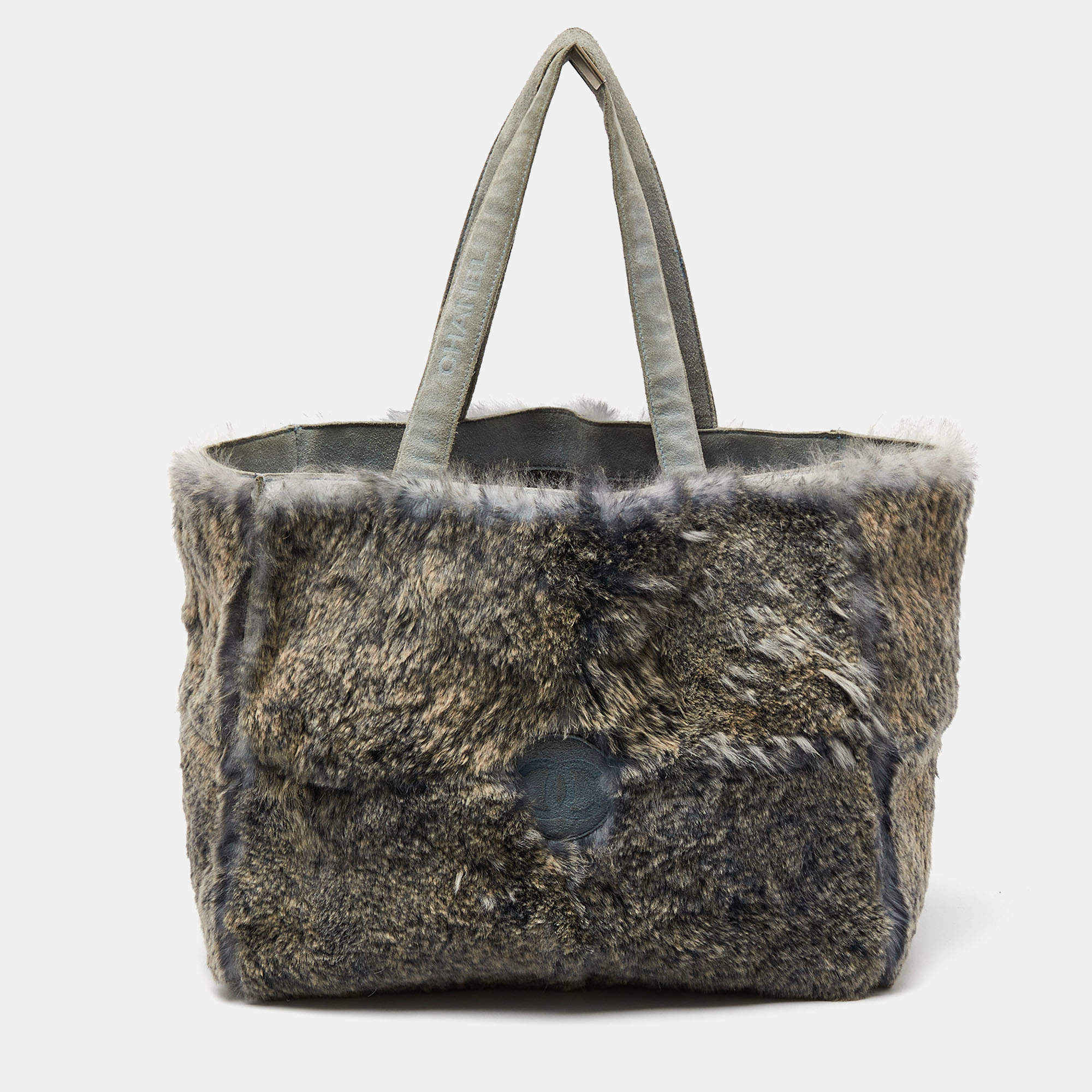 Pre Owned Chanel Grey/Green Rabbit Fur and Suede Vintage Tote