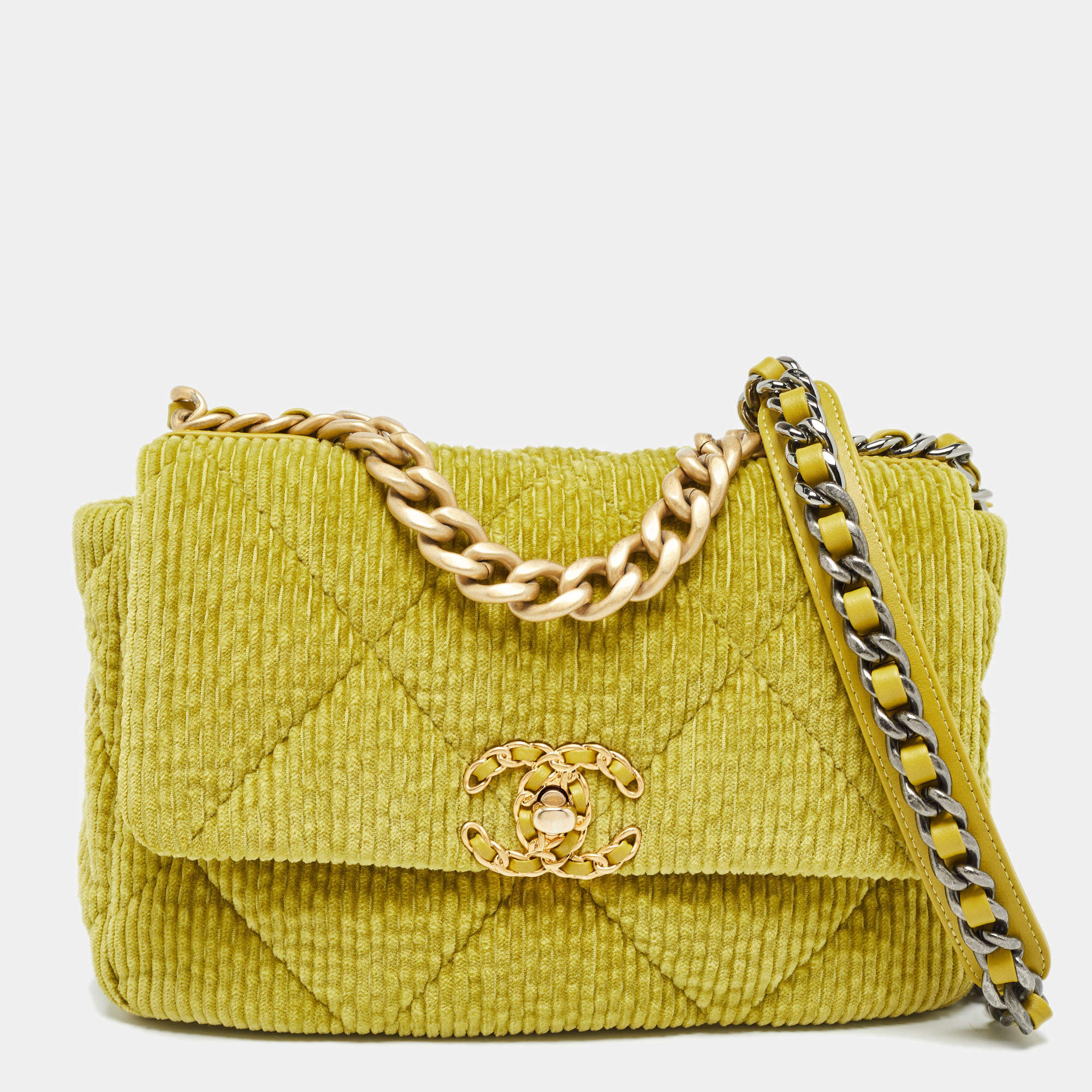 Chanel Green Quilted Corduroy Medium 19 Flap Bag