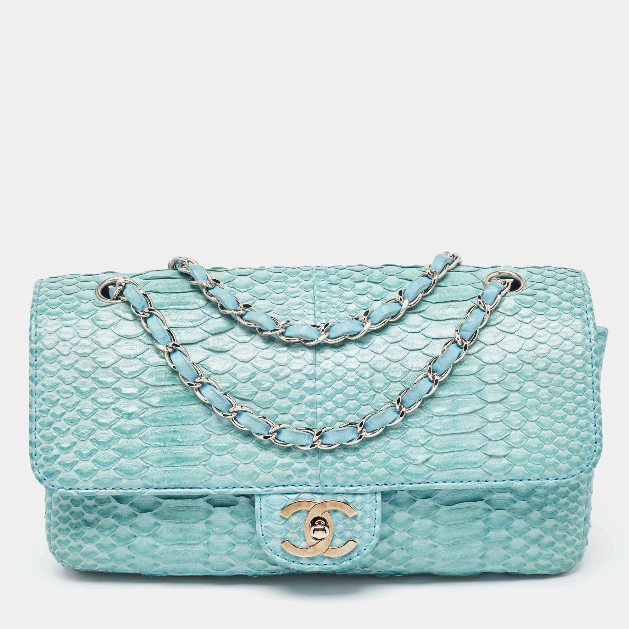 Pre Owned Chanel Light Blue Python Medium Classic Single Flap Bag