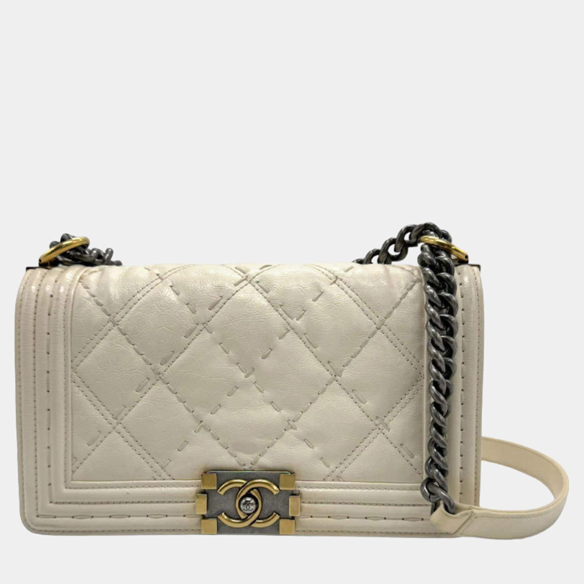 Chanel Off-White Calfskin Quilted Mini Boy Flap White Shoulder Bag 