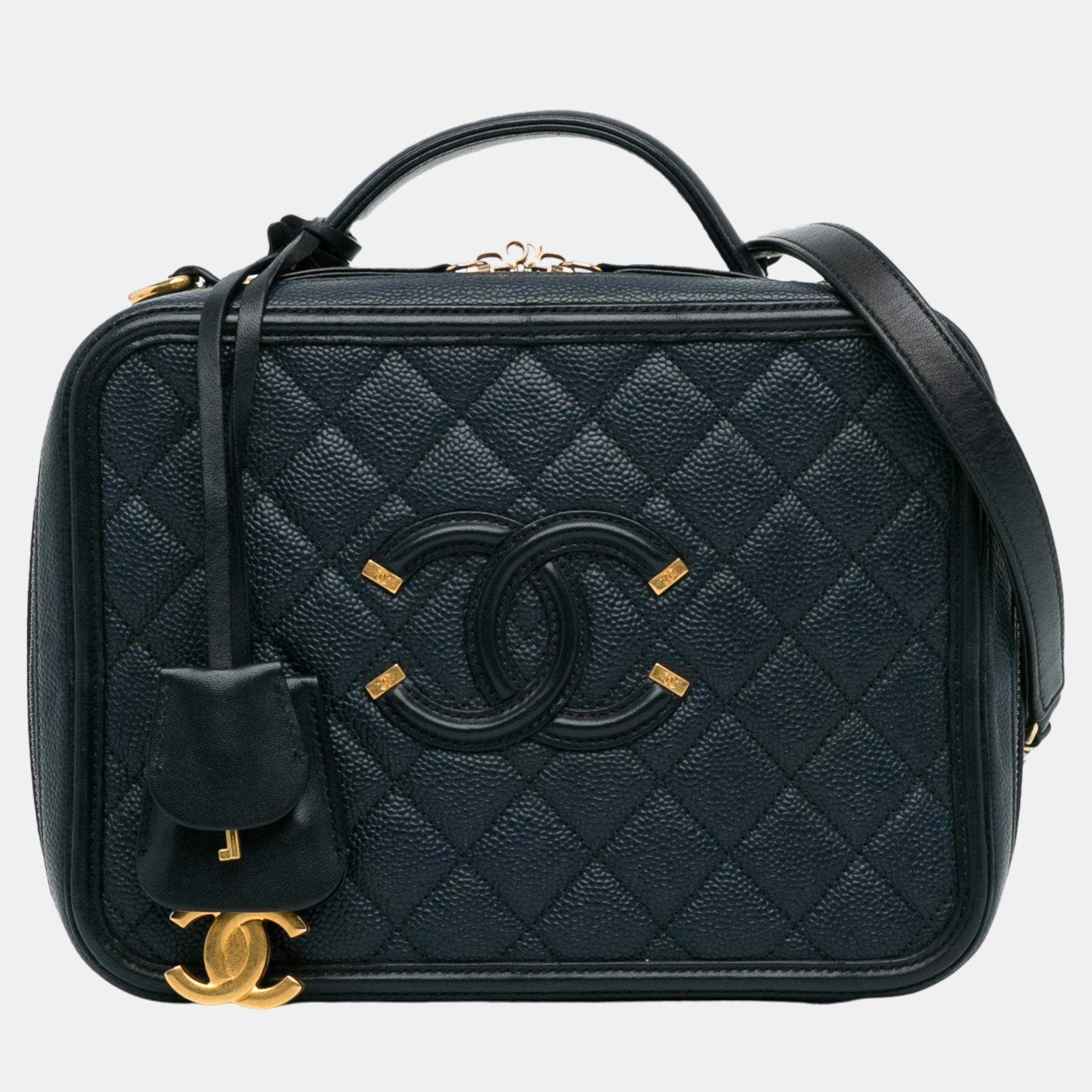 Chanel Navy Blue Large Caviar CC Filigree Vanity Case