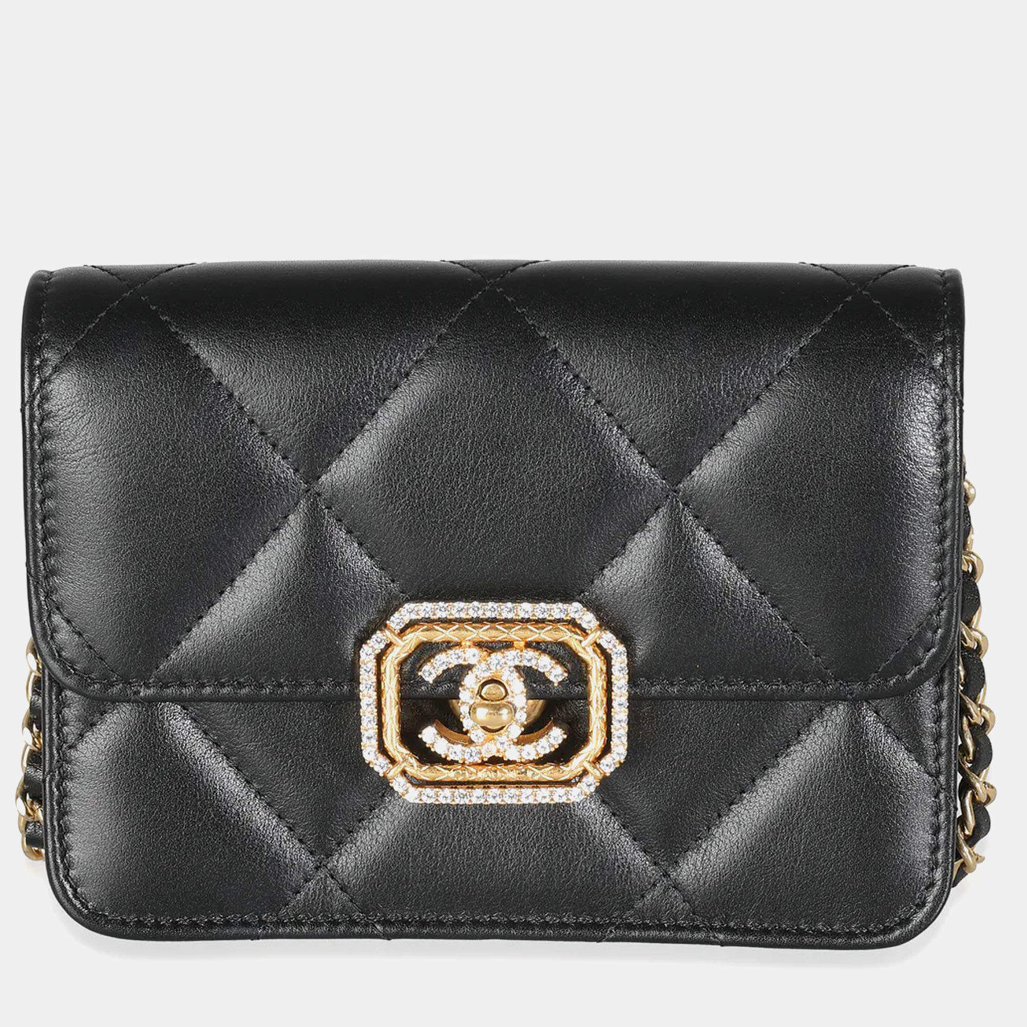 Pre Owned Chanel Black Quilted Calfskin Leather Strass Mini CC Flap Bag