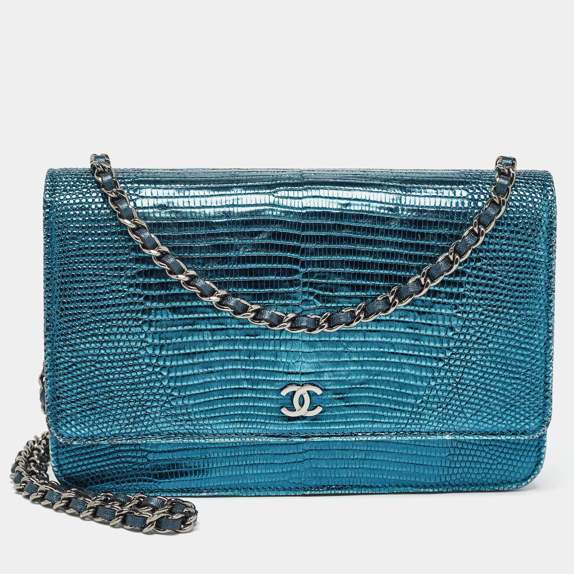 Chanel Metallic Teal Lizard CC Classic Wallet on Chain  