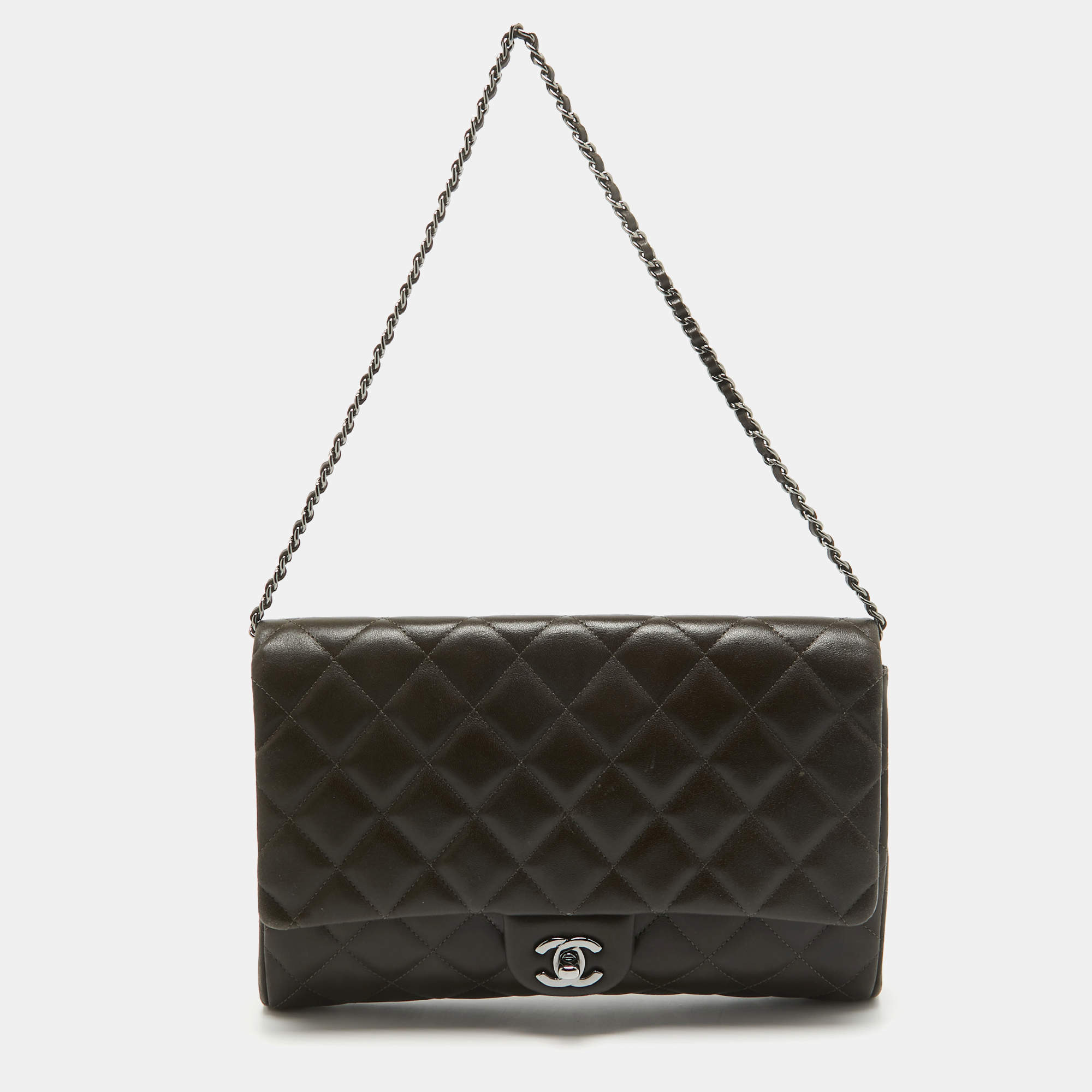 Pre Owned Chanel Choco Brown Quilted Leather Classic Flap Chain Clutch