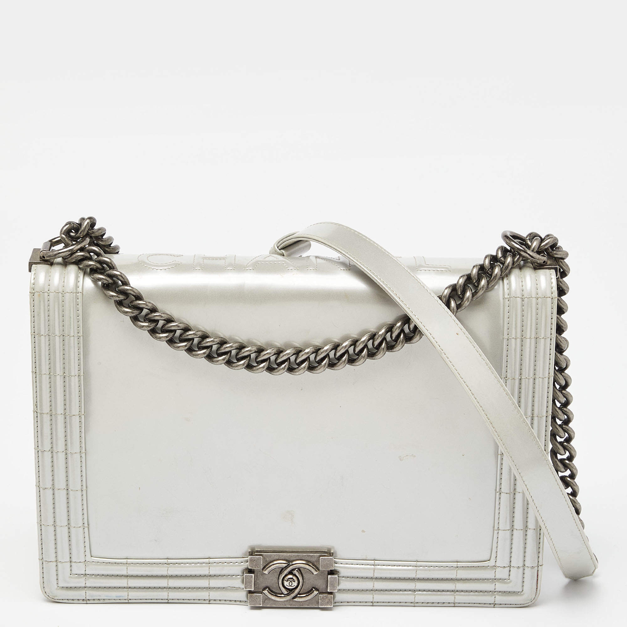 Chanel Grey Patent Leather Large Reverso Boy Flap Bag