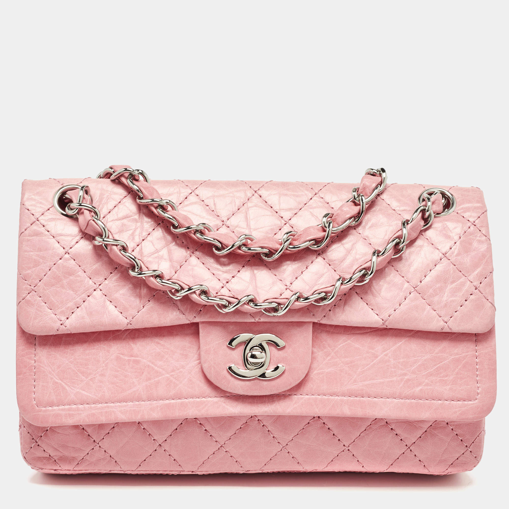 Pre Owned Chanel Pink Quilted Aged Leather CC Double Flap Bag