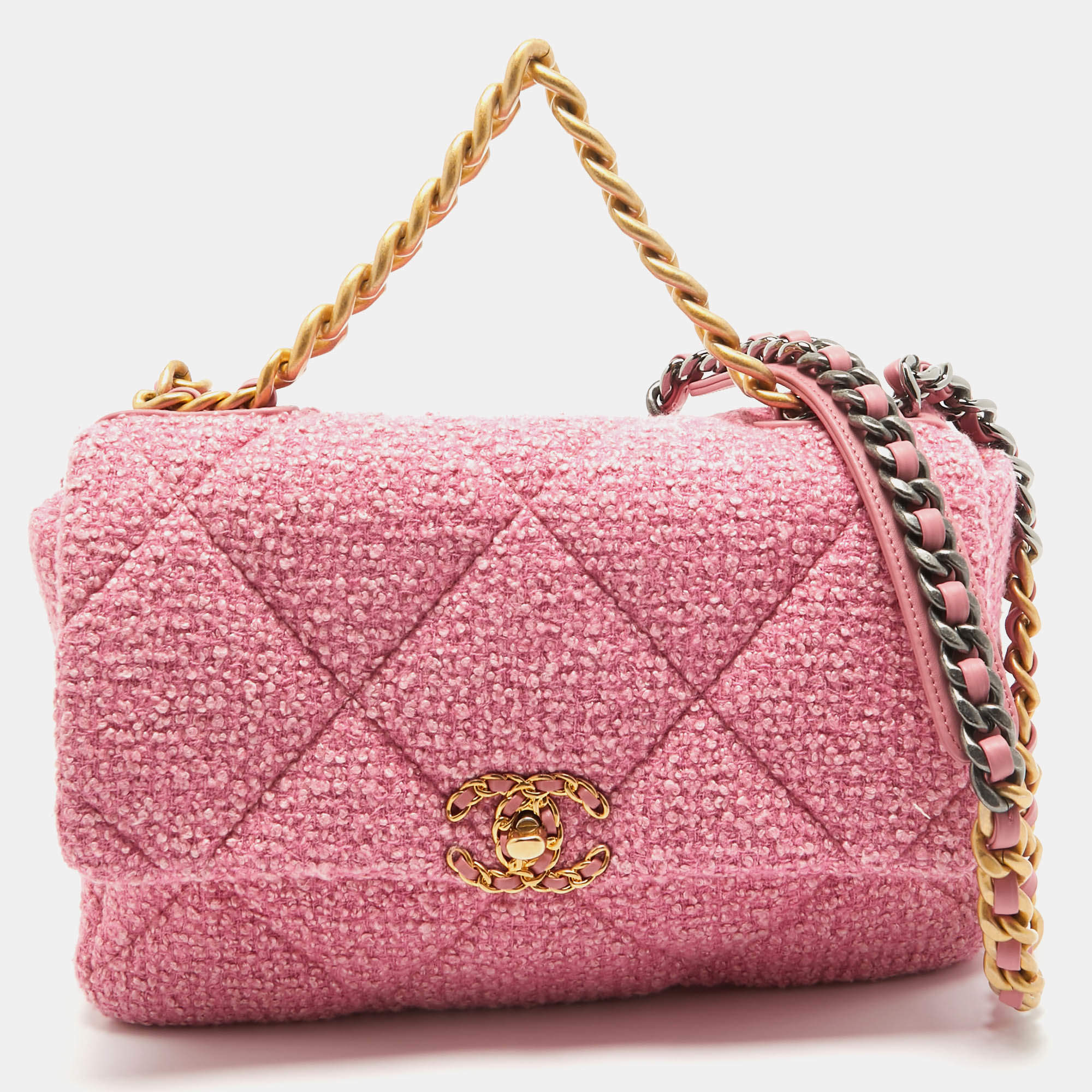 Pre Owned Chanel Pink Quilted Tweed 19 Large Flap Bag