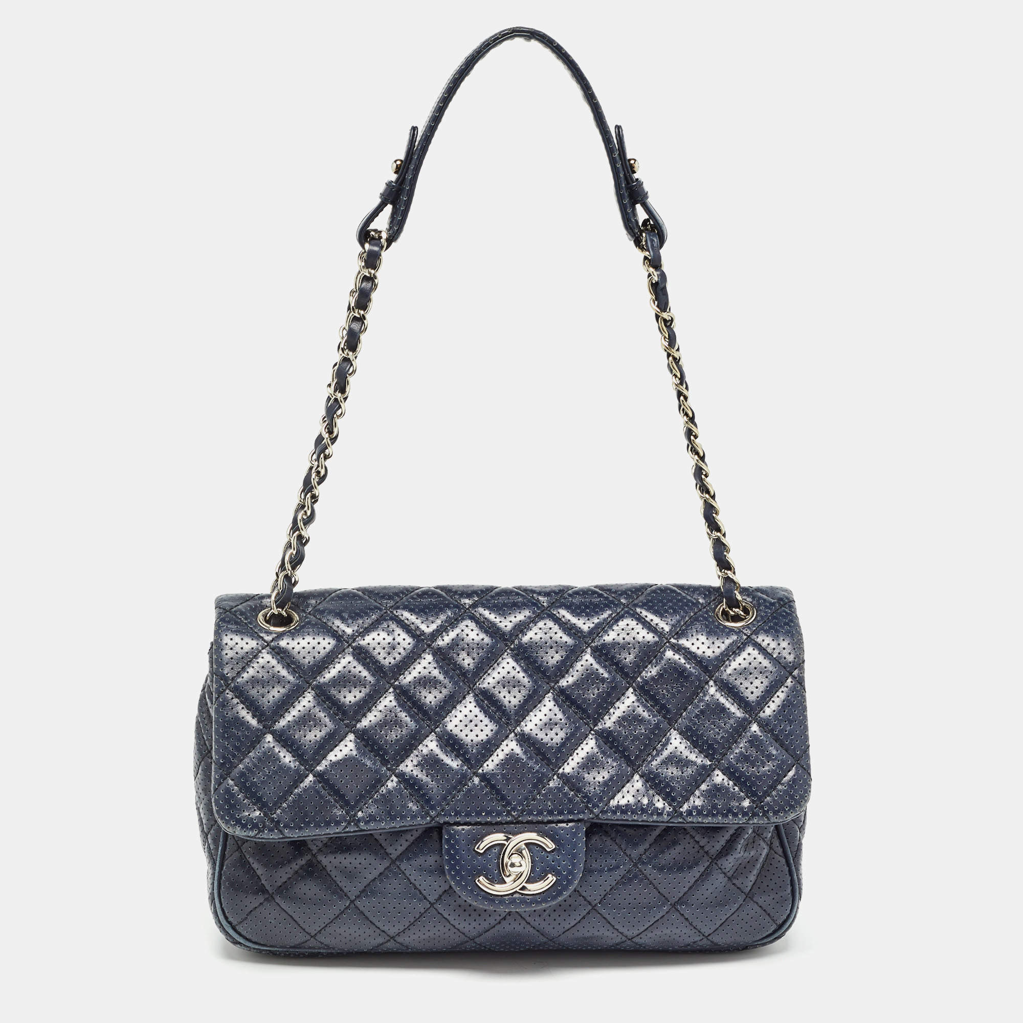 Pre Owned Chanel Navy Blue Perforated Leather Punch Flap Bag