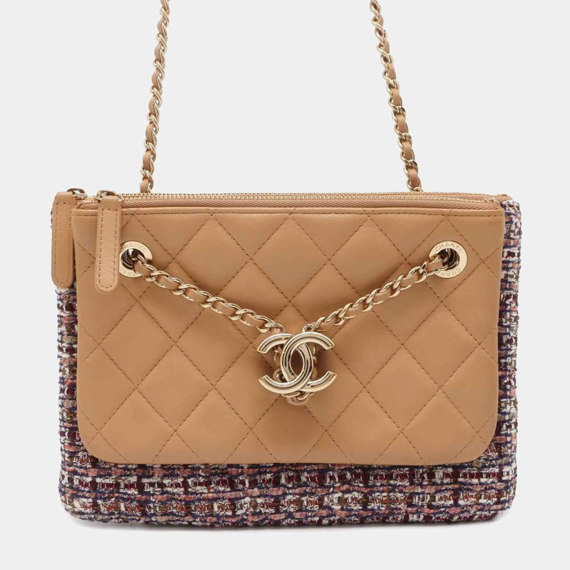 Chanel Beige/Multicolor Leather Tweed Chain Shoulder Pouch Bag