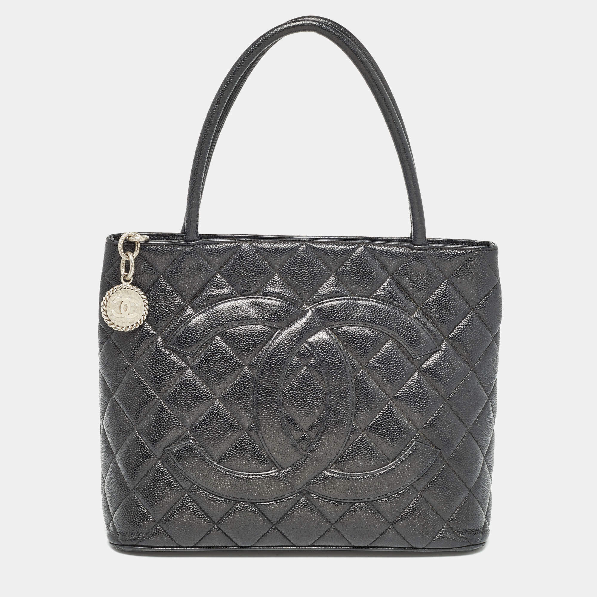 Pre Owned Chanel Black Quilted Caviar Leather Medallion Tote