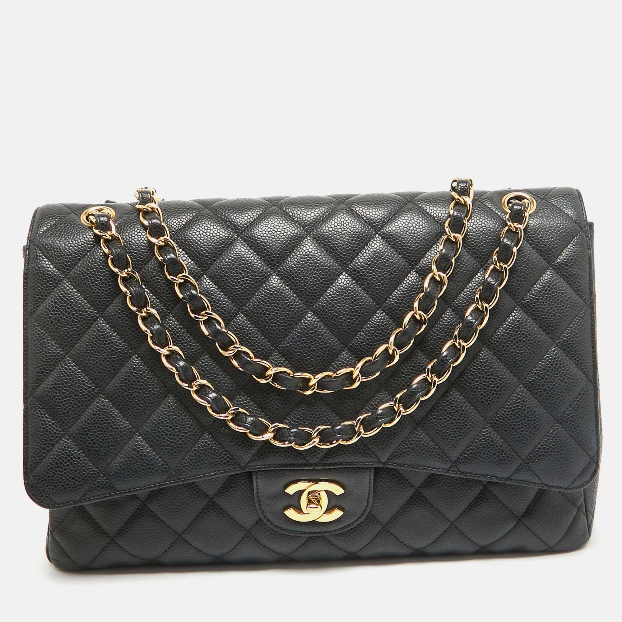 Pre Owned Chanel Black Quilted Caviar Leather Maxi Classic Single Flap Bag