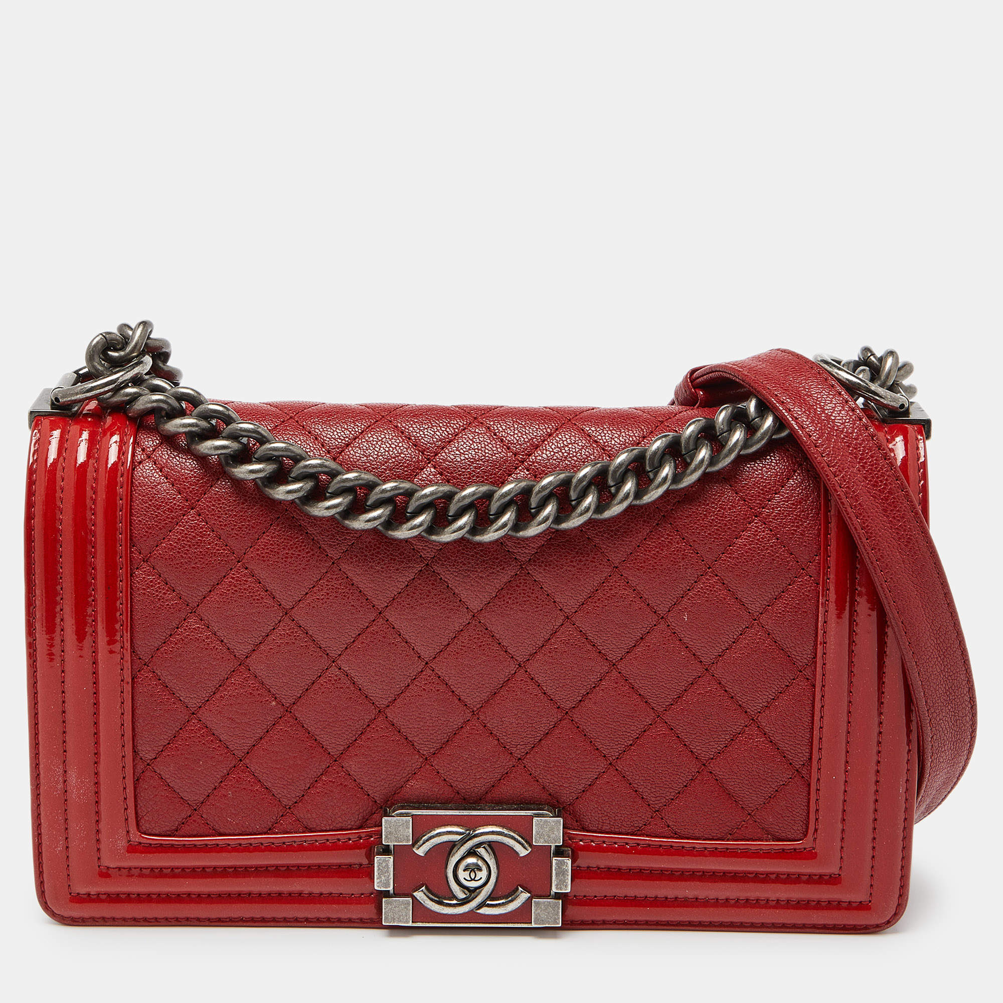 Chanel Red Quilted Leather and Patent Leather Medium Boy Flap Bag