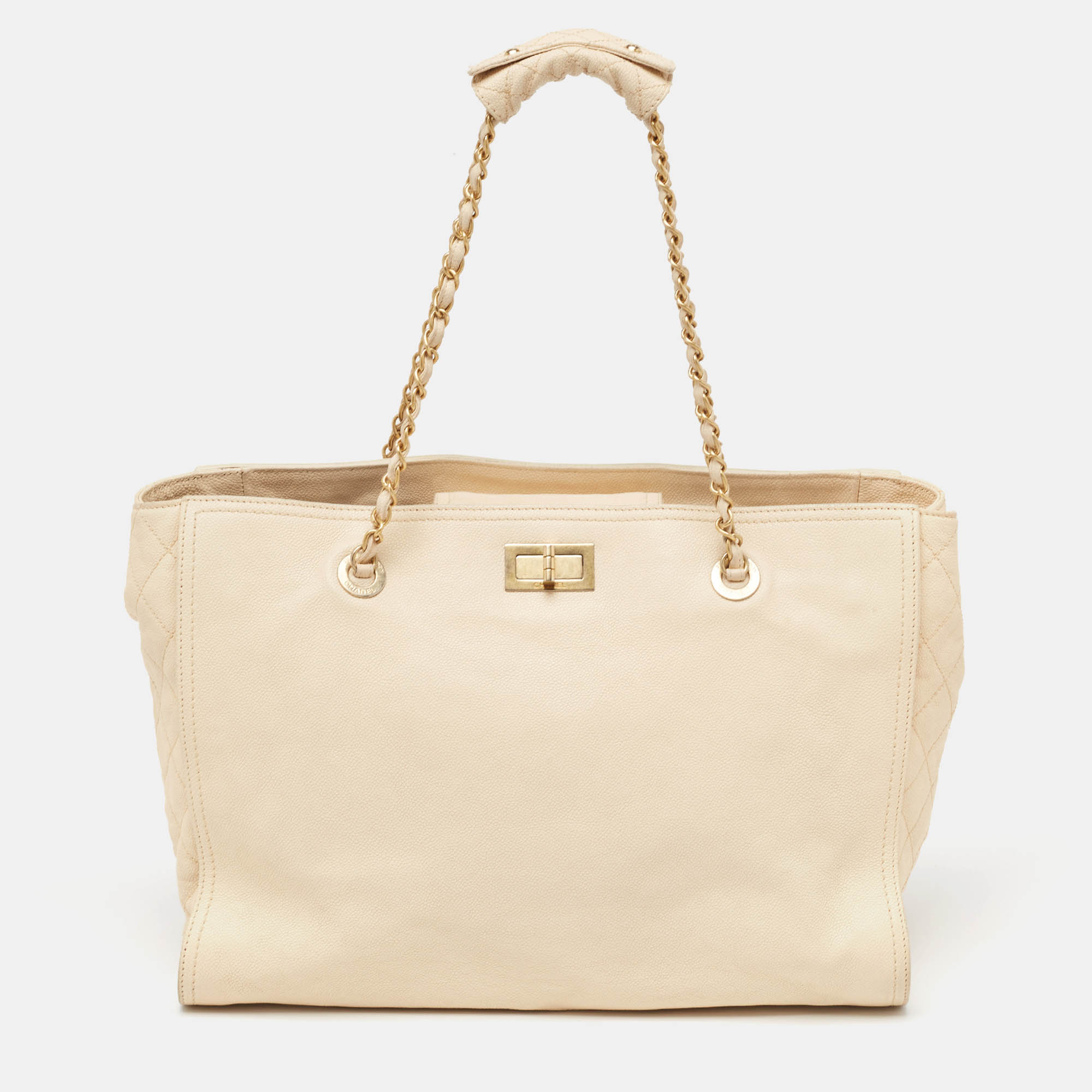 Pre Owned Chanel Beige Caviar Leather Reissue Large Shopper Tote