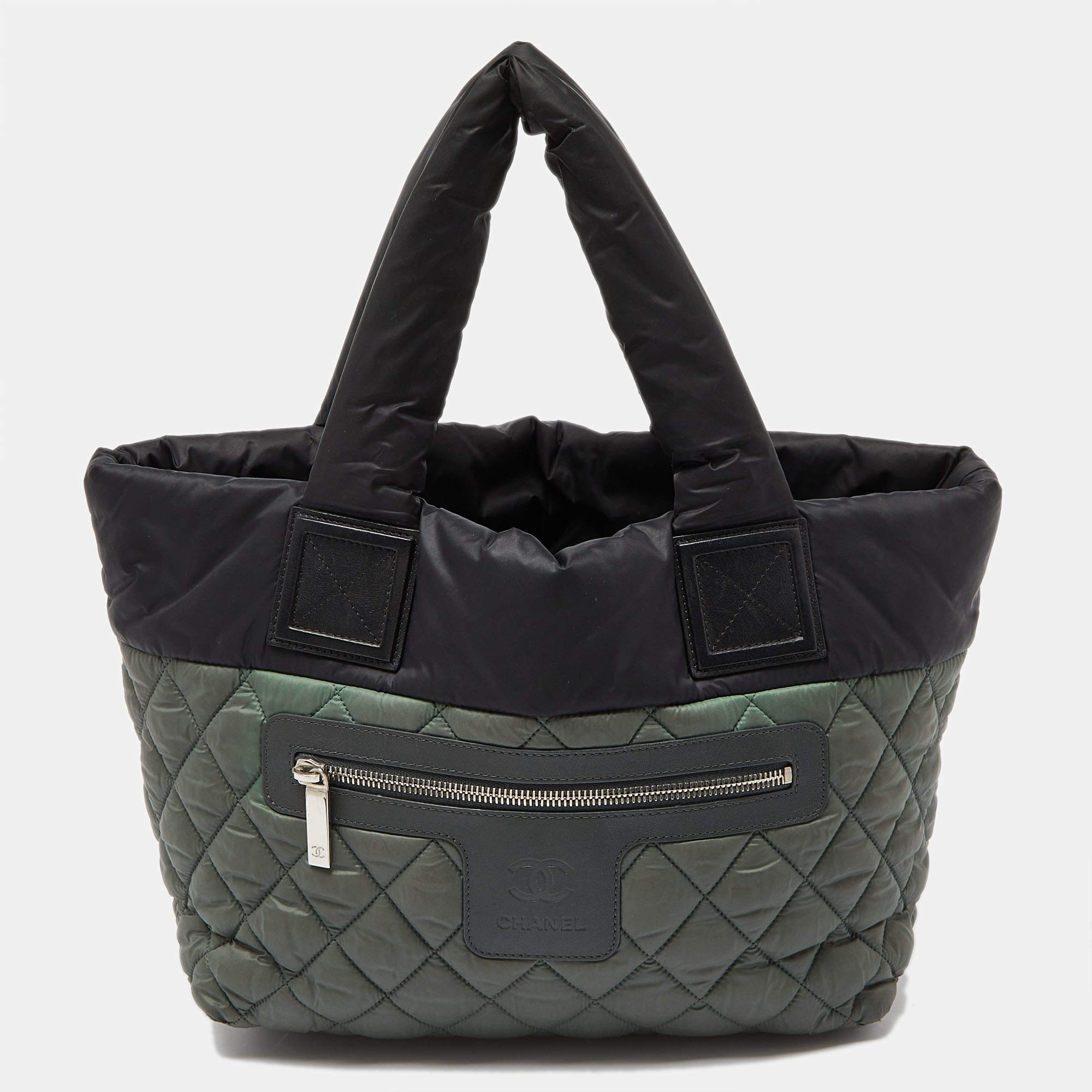 Pre Owned Chanel Green/Grey Quilted Nylon Coco Cocoon Tote